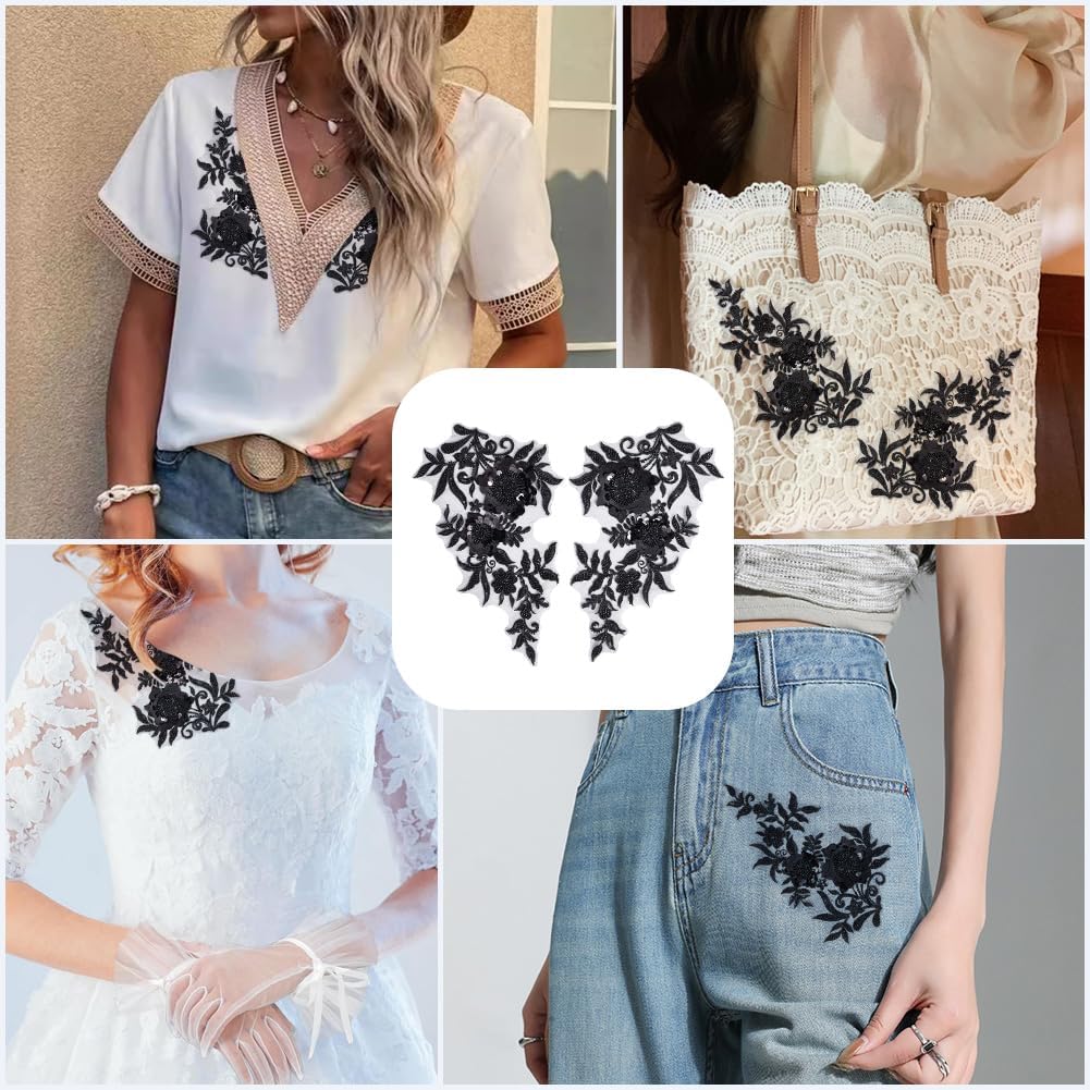 2Pcs Black Floral Embroidery Applique Vintage Beaded Sequin Lace Appliques Polyester 3D Flower Embroidered Sew on Ornament Patches for Sewing Making Dresses Gown Party Bag Jeans Shirt Supply image 4