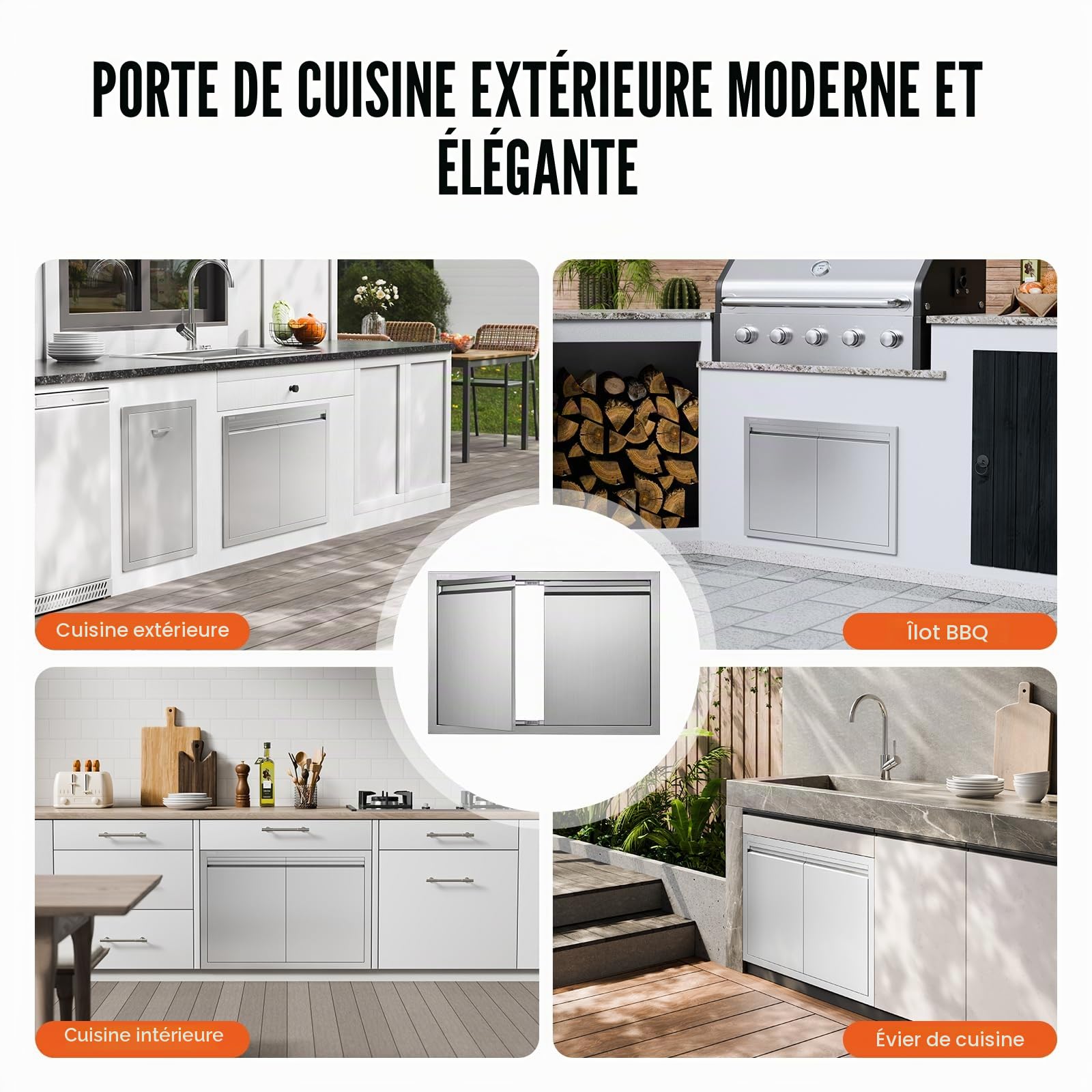 VEVOR Porte d'Accès pour Barbecue, Double Porte de Cuisine Extérieure 762x532x45 mm, Porte Encastrée en Inox, avec Poignée Encastrée, pour Îlot de Barbecue, Station de Grillades, Placard Extérieure