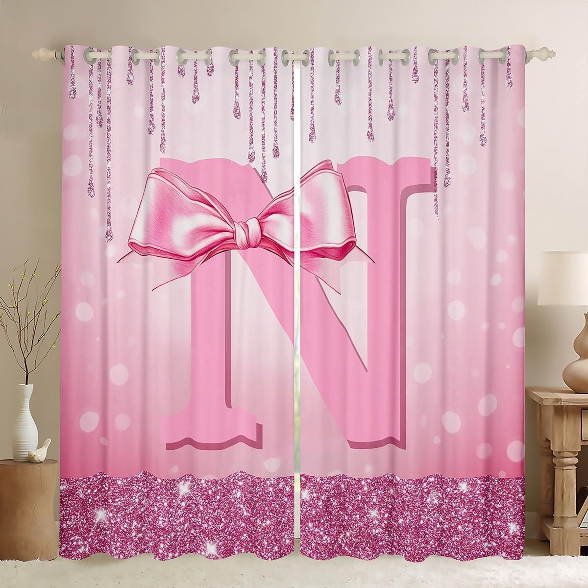 Erosebridal Initial N Blackout Curtains Girly Pink Bow Window Curtains 2 Panel Sets 42" Wx84 L Coquette Glitter Bow Window Treatments Drapes Alphabet Letter Teen Girl Decor Preppy Monogrammed Gifts
