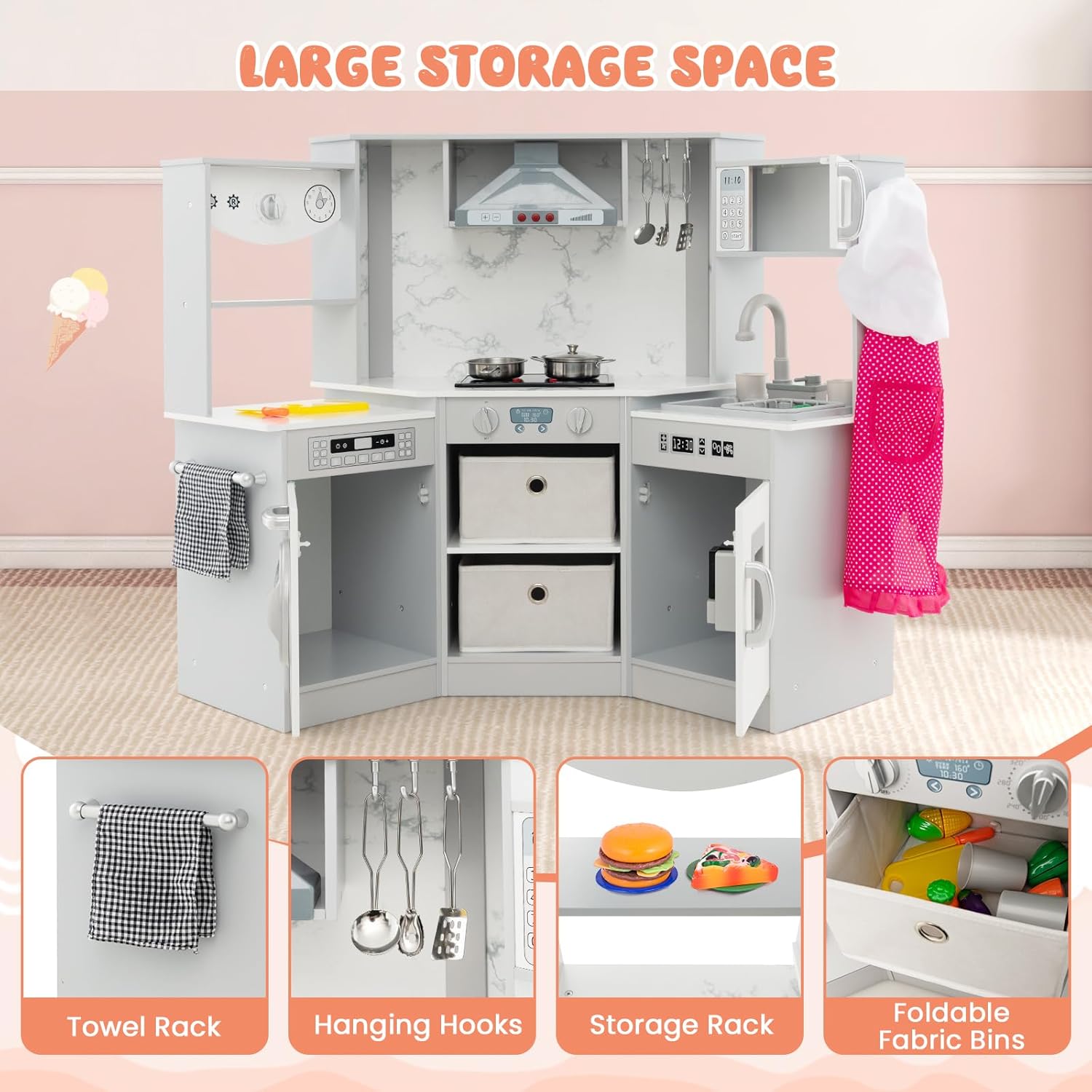 INFANS Kids Kitchen Playset with Real Running Water, Ultimate Wooden Corner Pretend Cooking Set with Simulation Light Sound Stove Storage Cabinet, Play Toy Gift