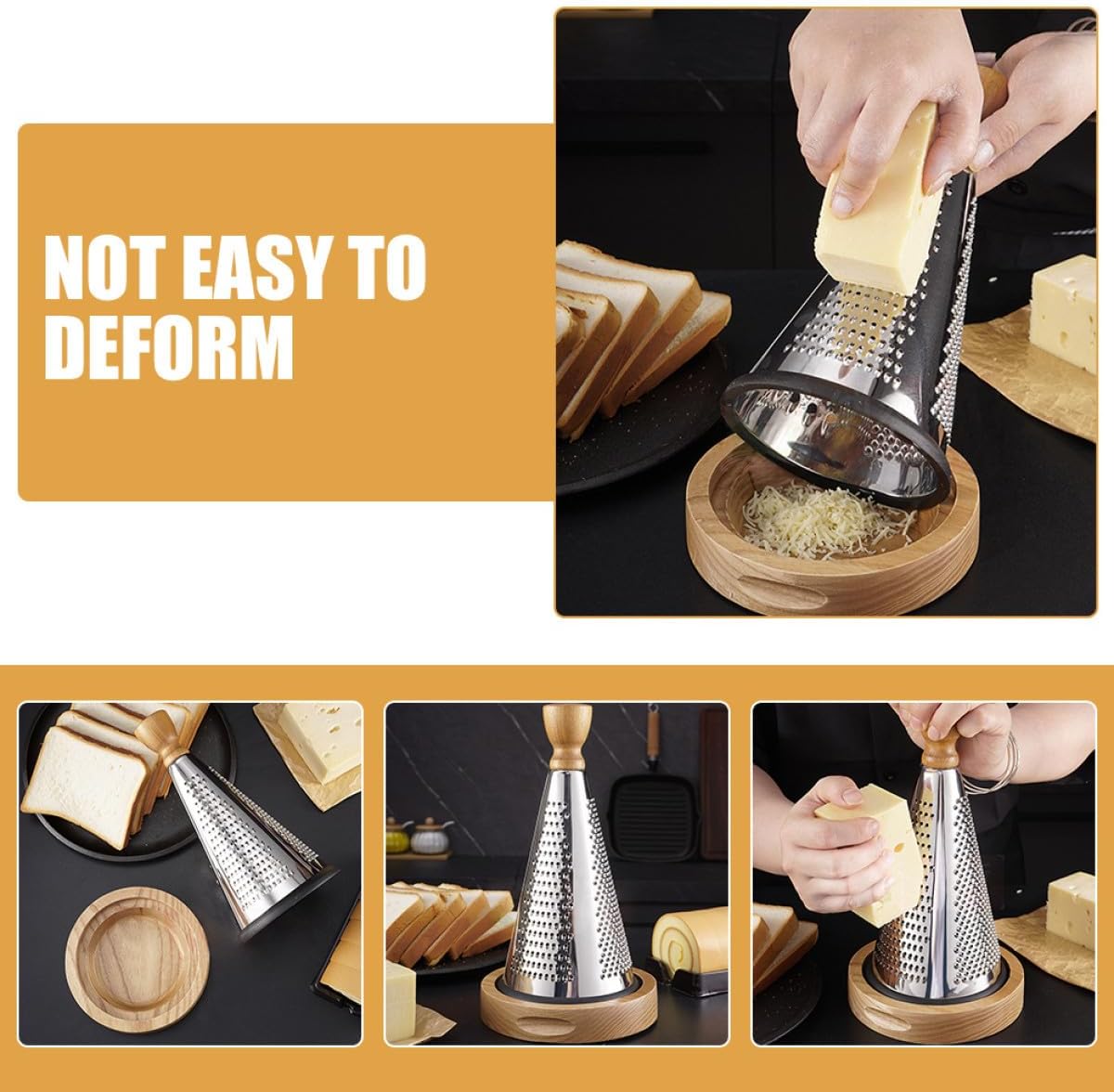 Multipurpose Cone-shaped Kitchen Metal Cheese Grater with Wooden Handle, Household 3-sided Cheese and Vegetable Grating Tool for Home Cooking