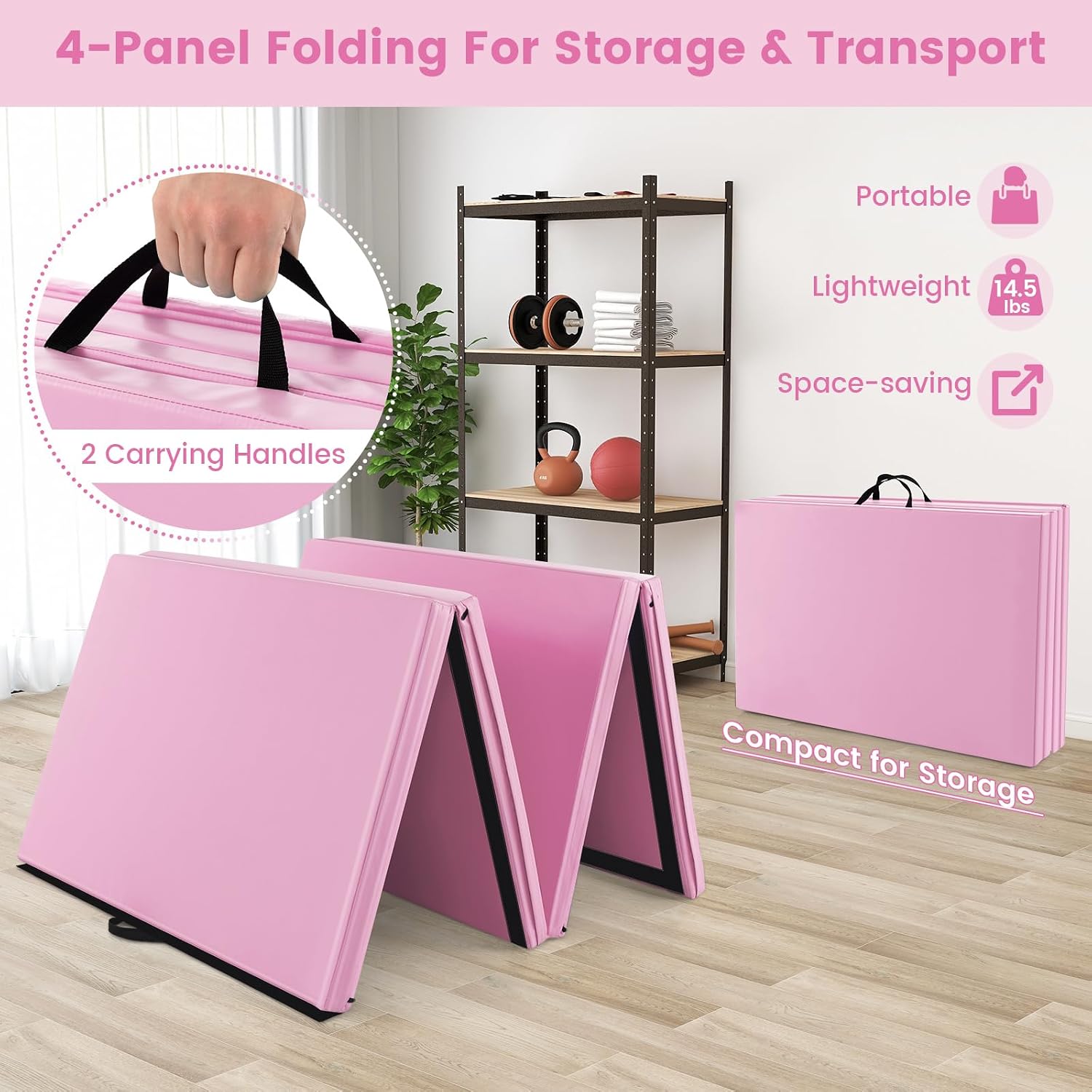 Goplus Folding Gymnastics Mat, 10’ x 4’ x 2’’ Thick Tumbling Mats with PU Leather, Hook & Loop Fasteners, Portable Handles, 4-Panel Exercise Mat for Home Gym Workouts, Yoga