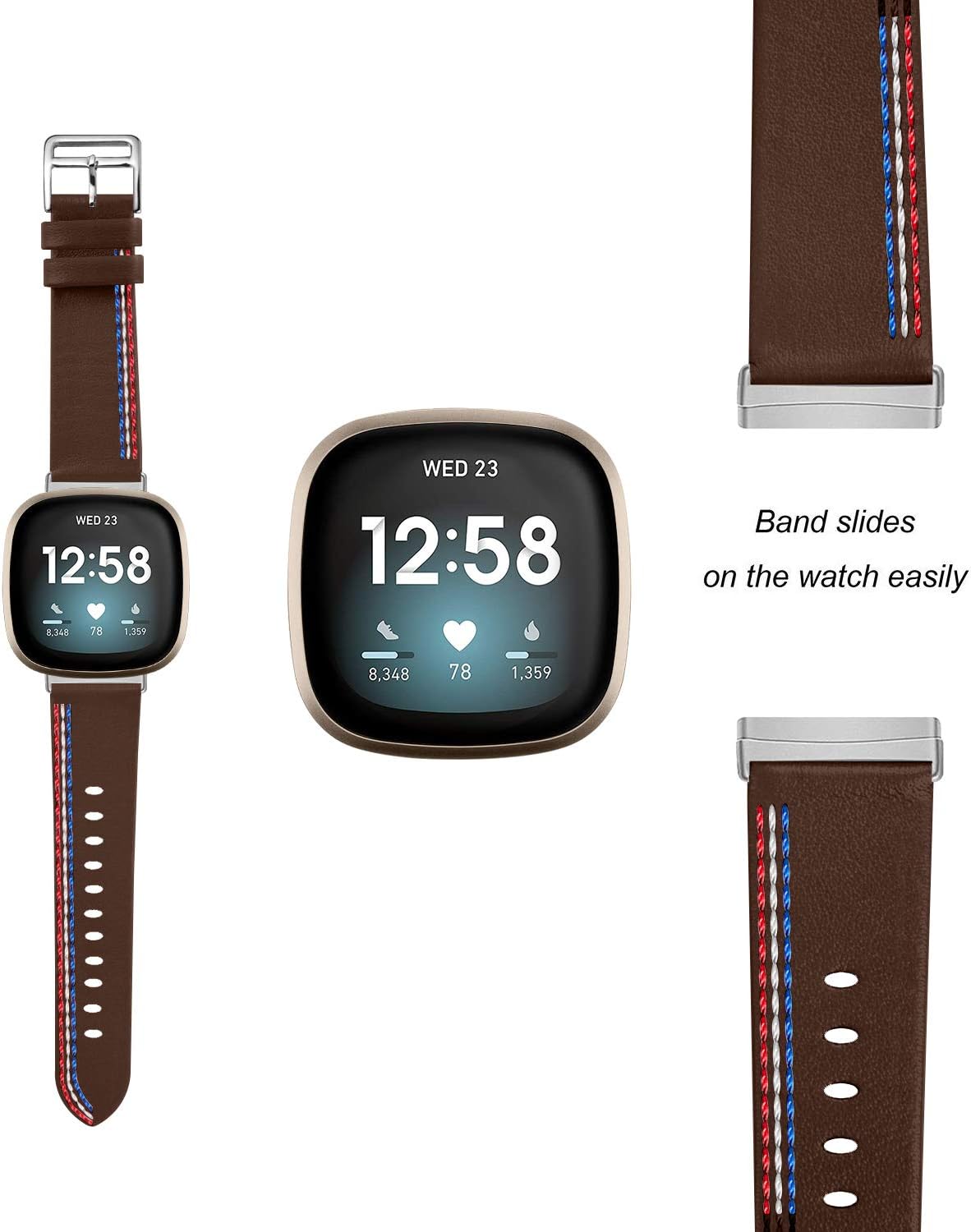 TryBest Leather Bands Compatible for Fitbit Versa 3/Fitbit Sense,Women Soft Leather Replacement Wristband Sport Straps with Metal Stainless Steel Buckle Adjustable for 5.5-8.1 inch Wrist