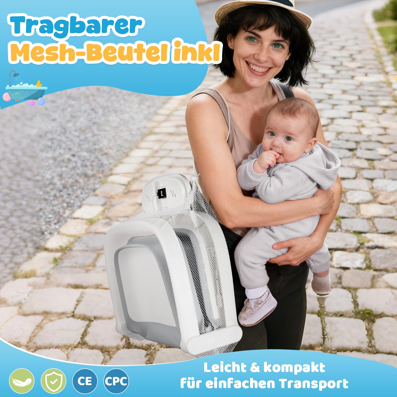 Orzbow Baby Badewanne, Faltbare Babybadewanne mit Thermometer, Große Babywanne für Kinder 0-6 Jahre mit Weicher Polsterung, 3-in-1 Schale, Langlebig, Abflussloch, Ideal für Reisen, Groß XXl, Grau