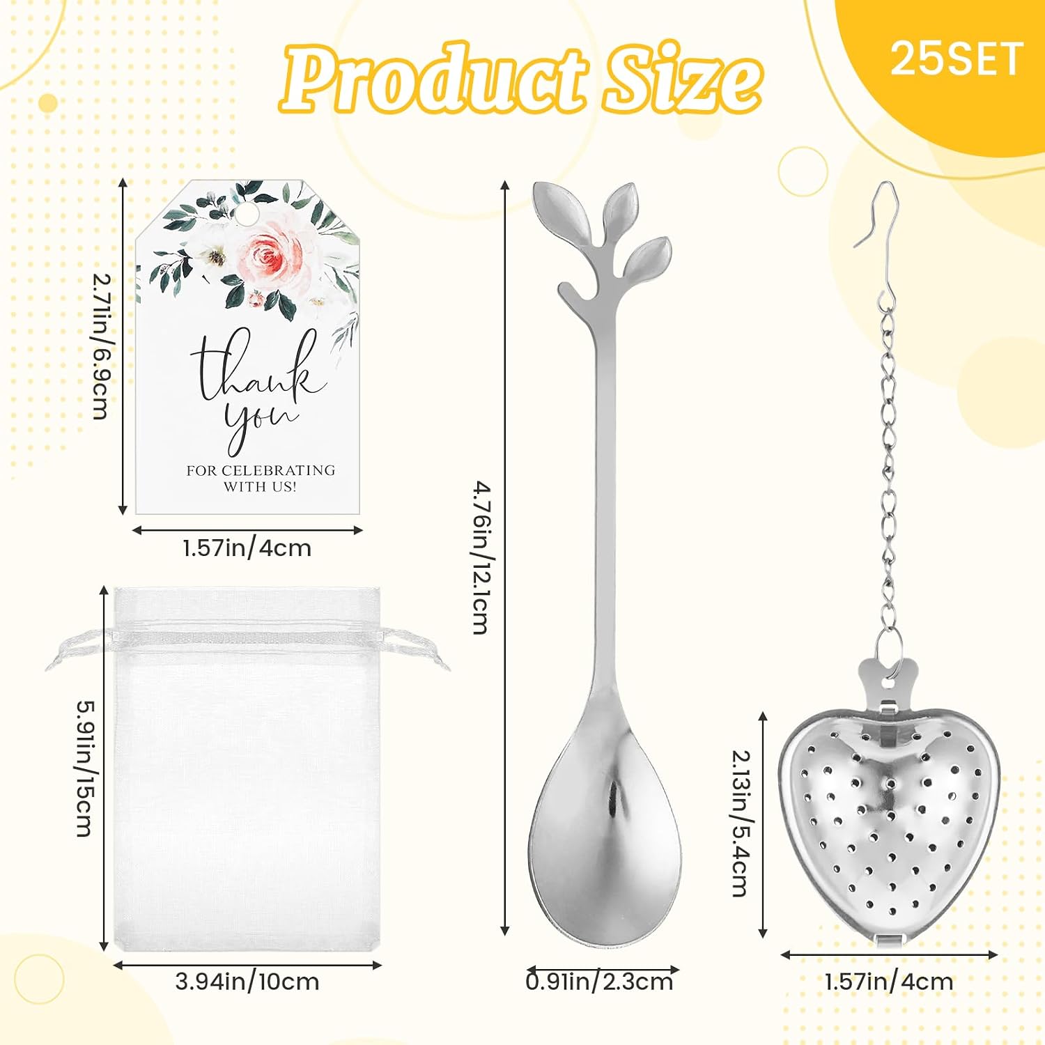 25 Sets Bridal Shower Tea Party Favors for Guest,Wedding Party Favors Include Leaf Tea Spoons Heart Shaped Infuser Balls Thank You Cards and Organza Bags,Bridal Shower Favors Wedding Souvenirs(Sliver）