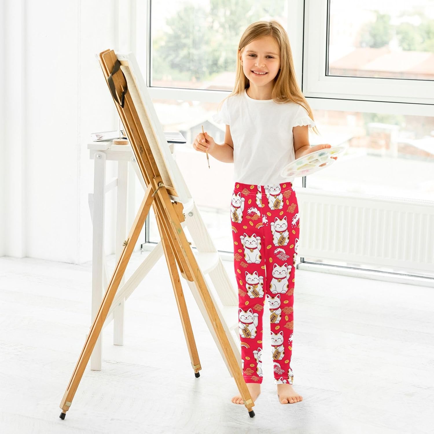 Stretch Leggings for Girls Cute Cat Red