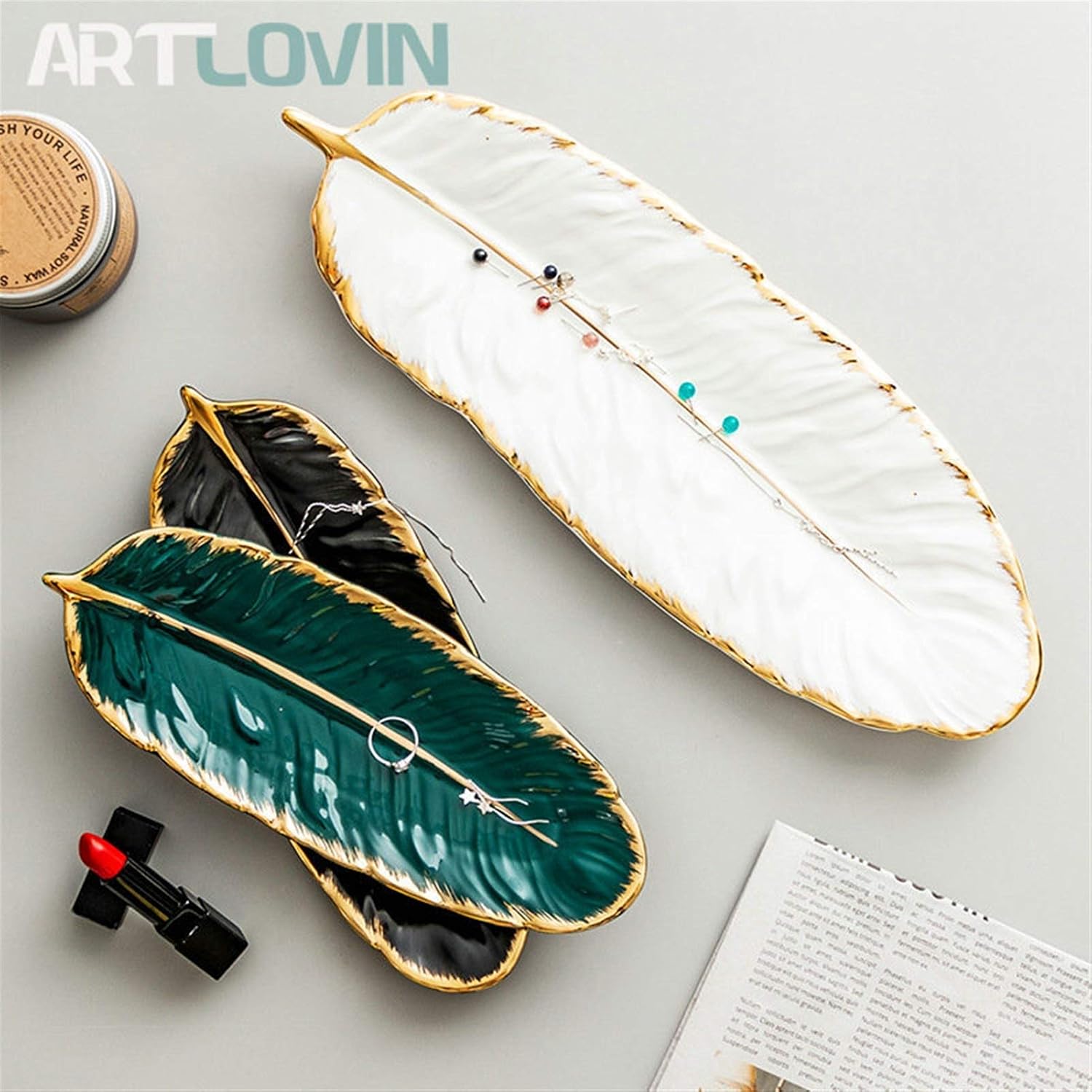 Fruit Bowl Ceramic Plate Fashion Feather Design Tray Tableware Accessories Dim Sum Fruit Plate Kitchen Dining Dish Fruit Container (A 37cm) (C 37cm) image 3