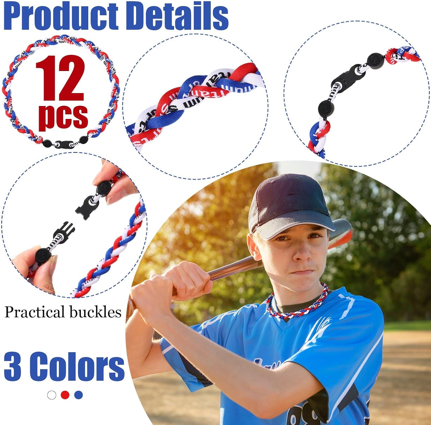Zeyune 18" Baseball Necklace for Boys Three Braided Rope Tornado Titanium Baseball Rope Necklace Team Gifts for Sports