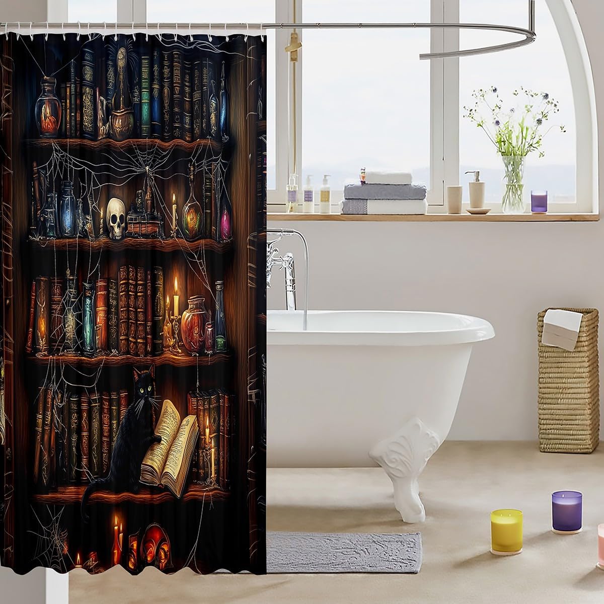 Manfei Black Cat Kids Shower Curtains,Retro Bookshelf Reading Books Bathroom Curtains for Boys Girls,Skull Spider Web Animal Pet Psychedelic Brown Waterproof Curtains,12 Hooks Suits,72" W x 84" L