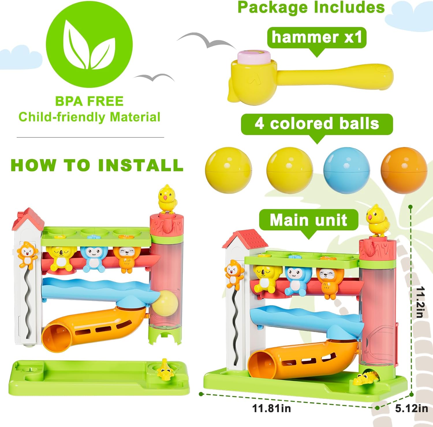 Toddler Musical Toys for 1+ Years Old Boy,Motor Skills Developmental Baby Toy 12-18 Months,Bilingual Toddler Learning Ball Drop Toy， Birthday Gift Toys for 1 2 Year Old Boys & Girls(Green) - Image 6