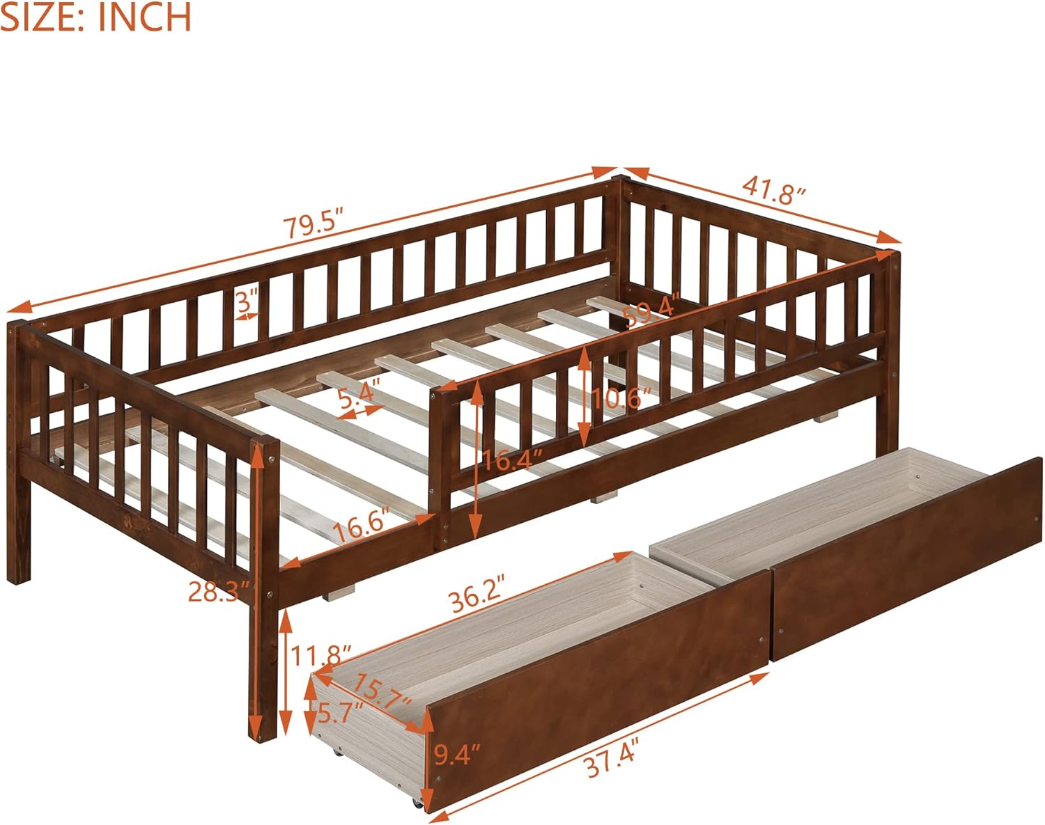 Bellemave Twin Bed Frames with Rails for Kids, Twin daybed Frame with Drawers for Boys/Girls/Adults， Walnut