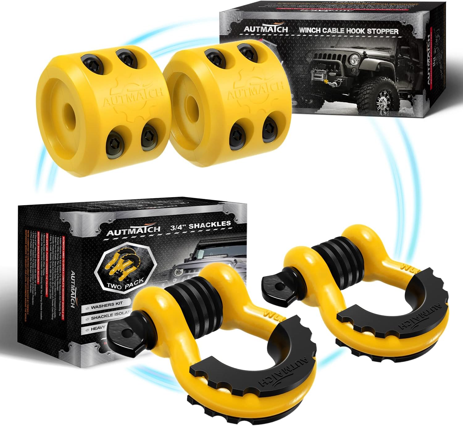 AUTMATCH 3/4" D Ring Shackle with Shackle Isolator & Washers Kit, Winch Cable Hook Stopper and Silicone Rubber Shock Absorbent Winch Stopper for Jeep Tow Strap Winch Off Road Vehicle Recovery, Yellow