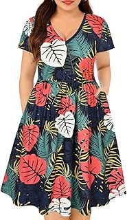 Plus Size Dresses for Curvy Women V Neck Short Sleeve Dresses Floral/Striped Summer Boho Dresses with Pocket XL-5XL - Buy now