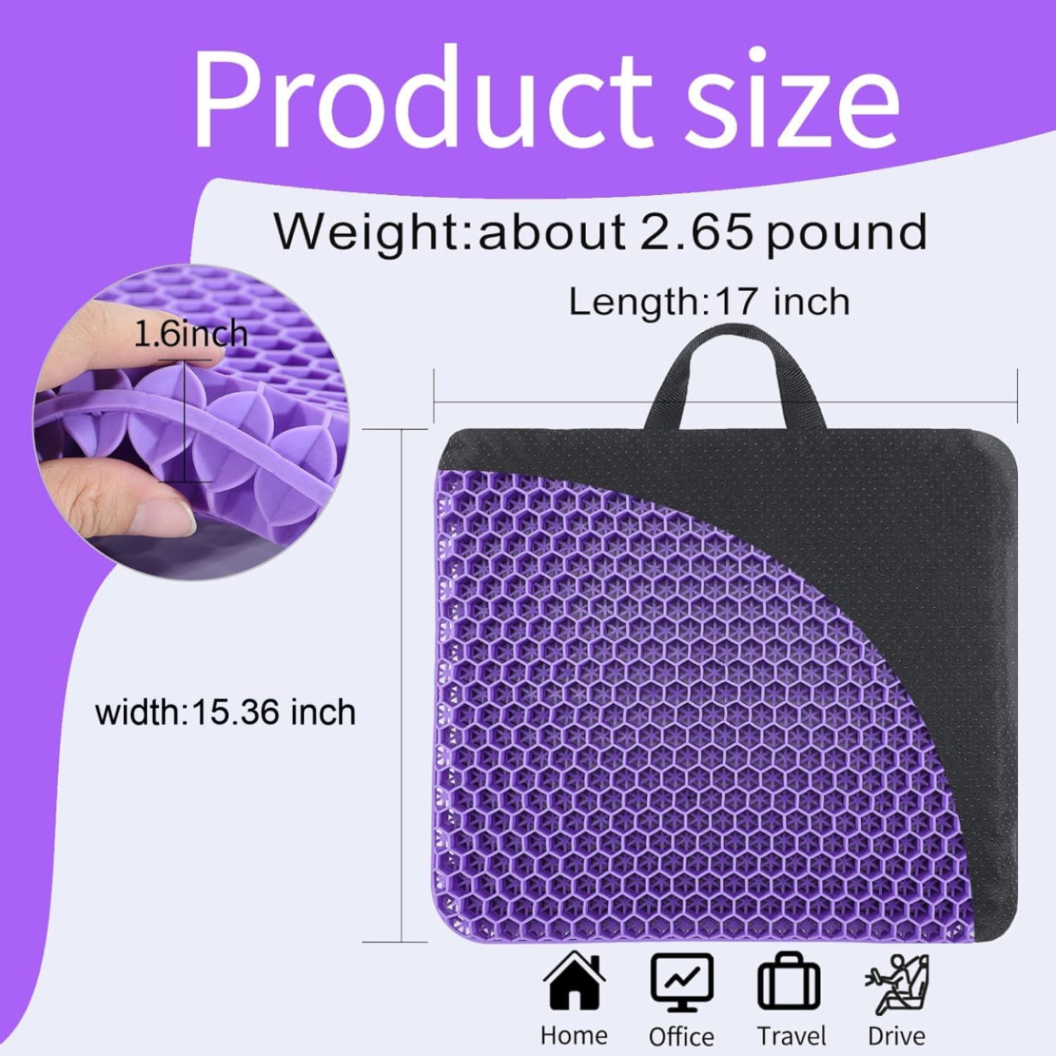 Gel Seat Cushion, for Long Sitting -Double Thick Gel Seat Cushion Breathable Honeycomb Chair Cushion with Non-Slip Cover for Office Chair Car, Wheelchair, Long Trips,Relief Sciatica Pain Large Violet