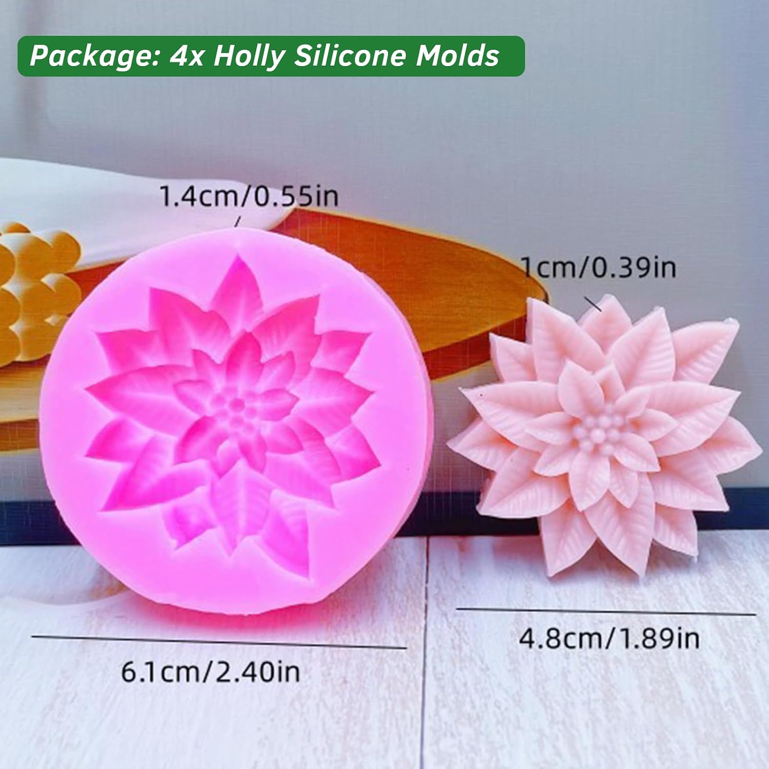 4PCS Christmas Candle Soap Silicone Molds, Holly Leaf Chocolate Cake Decorating Jelly Candy Dessert Molds, 3D Plant Leave Mold for Epoxy Resin Casting Concrete Candle Soap Wax Gypsum DIY Craft