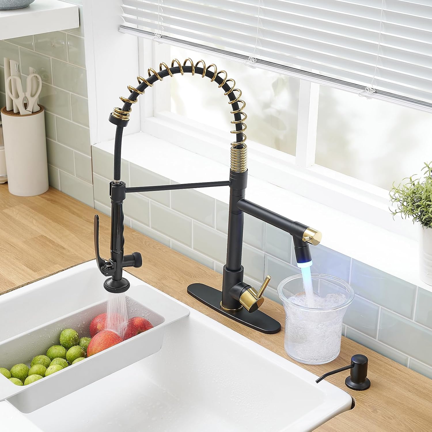 Fapully Commercial Kitchen Faucets with Pull Down Sprayer Matte Black&Gold LED Kitchen Faucet with Soap Dispenser and Deck Plack for 4 Hole, Single Handle Faucet for Kitchen Sink