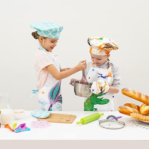 Miniatura 7 de WERNNSAI Juego de delantales para niñas y niños, delantal de cocina artística con sombrero y guantes de horno