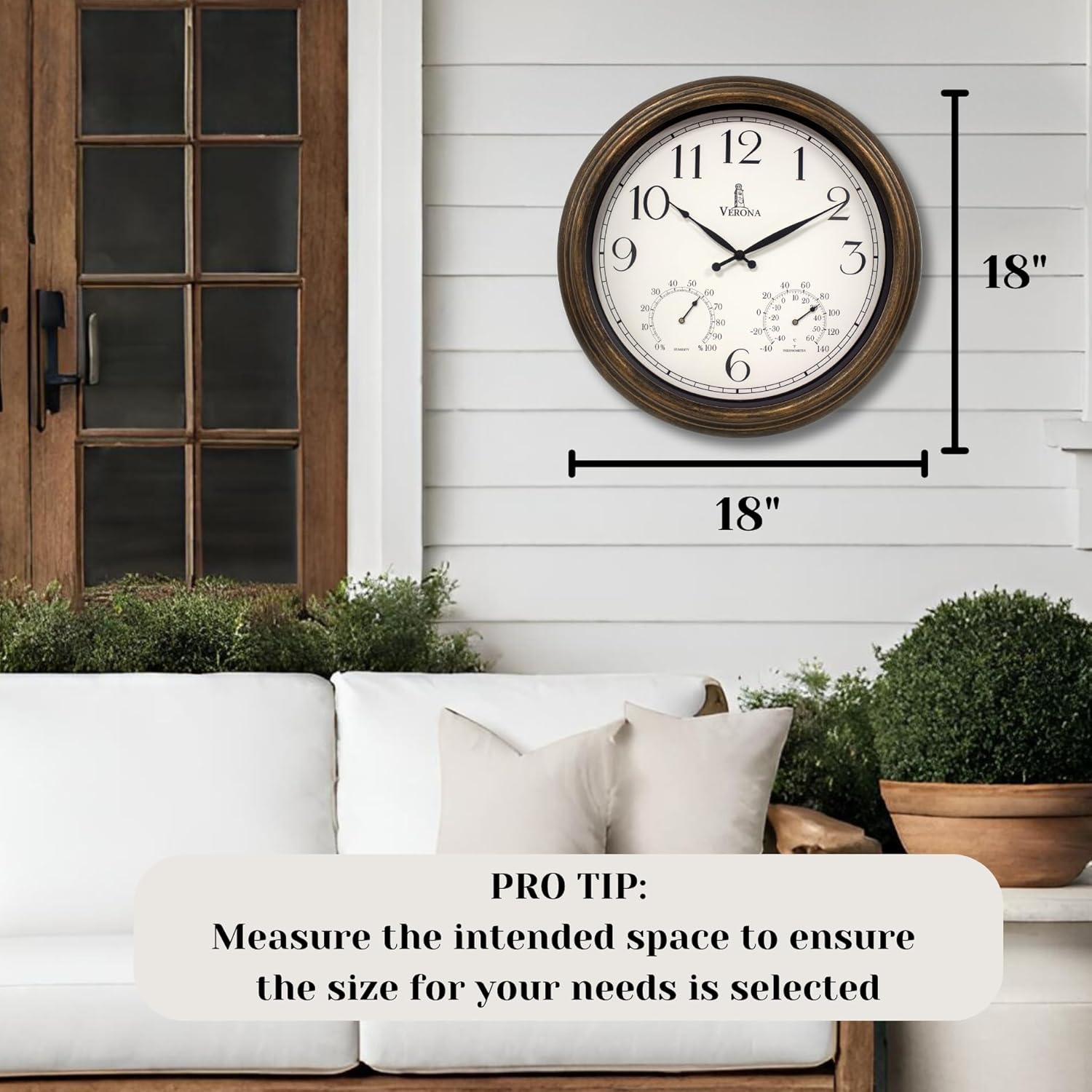 outdoor clocks for patio large waterproof with thermometer - 18 inch indoor outdoor wall clock with temperature and humidity combo - weatherproof, accurate & easy to read for pool, garden & home decor bronze 18 inch