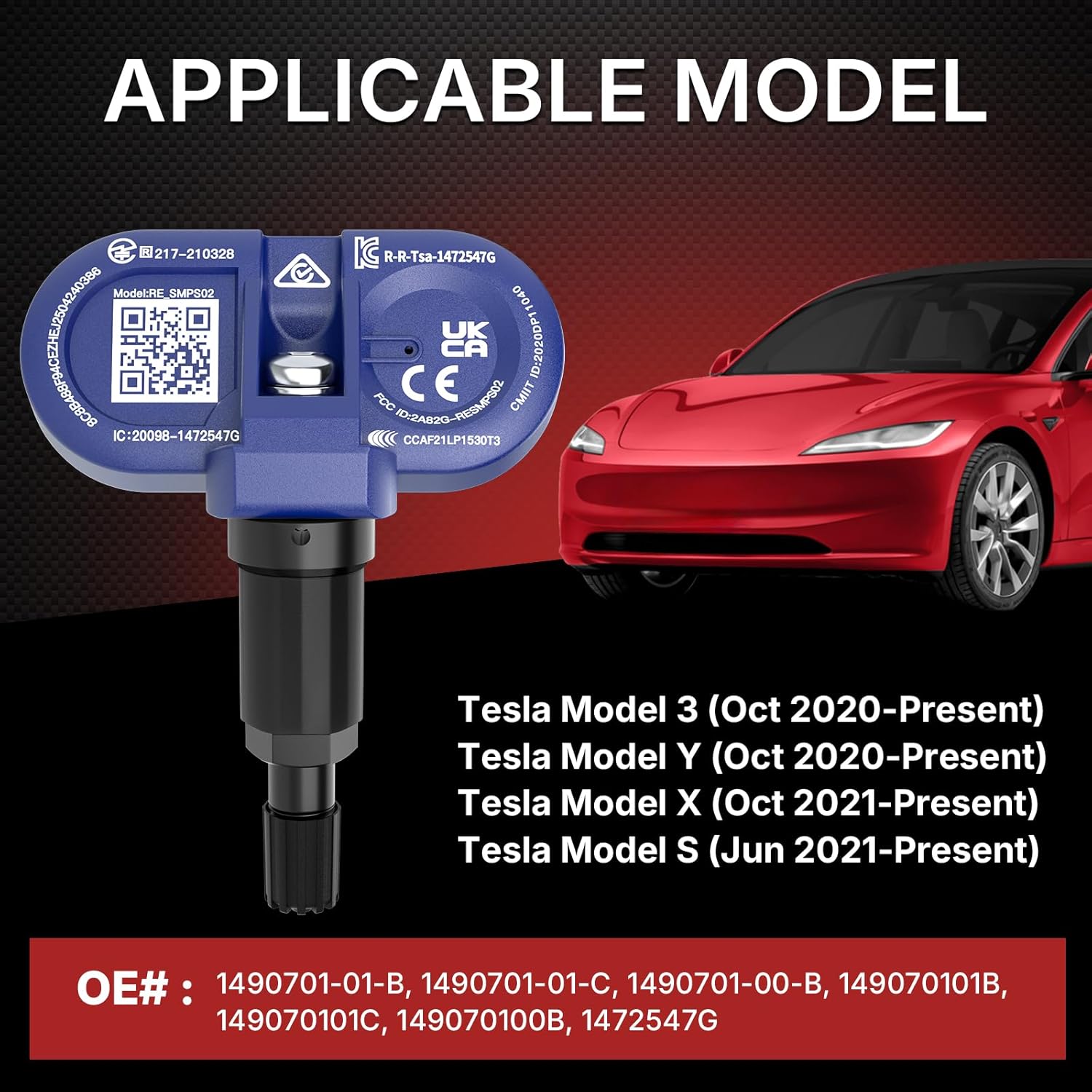 Richeer Upgraded Bluetooth TPMS Sensor for 2020-2025 Model 3, Model Y, Model S, Model X, 4 Pack Tire Pressure Monitoring Sensor Replacement OE# 1490701-00-B, 1490701-01-B, 1490701-01-C