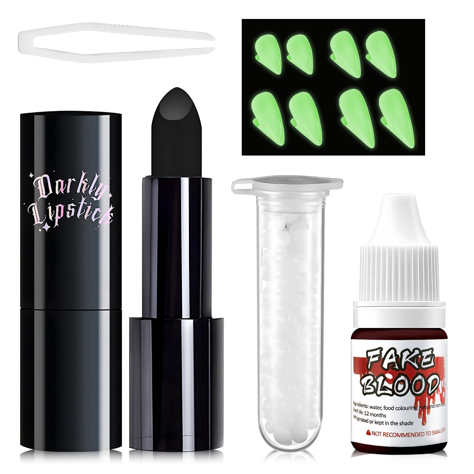 Vampire Makeup Kit, Vampire Make Up, 4 Pairs Fluorescent Halloween Fangs Teeth+15ml Fake Blood Spray+5g Dental Glue for Teeth With Tweezers+Lipstick Halloween for DIY Figures, Vampire Role Play
