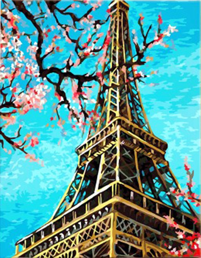 DIY Oil Painting By Numbers Kit Framed Canvas Paris WOWDECOR Paint By Numbers Kit - Paris Eiffel Tower Pink Tree 16x20 Inch Framed Paris Romantic Scene Painting
