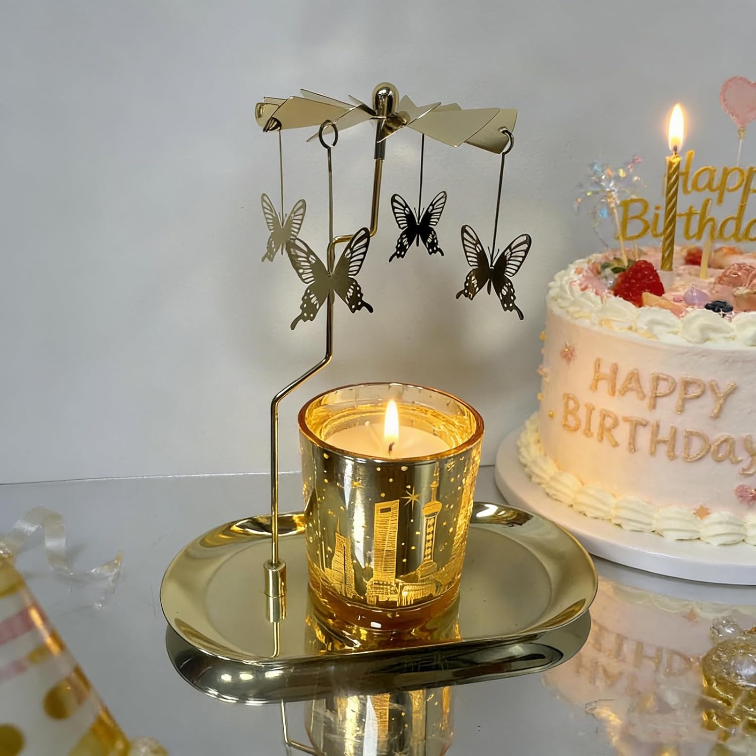 Carousel Candles Holder Rotary Aromatherapy Candle Gift for Women - Birthday, Mother's Day, Easter Present for Mom, Wife, Girlfriend, Sister, Mother-in-Law (Golden Butterfly)