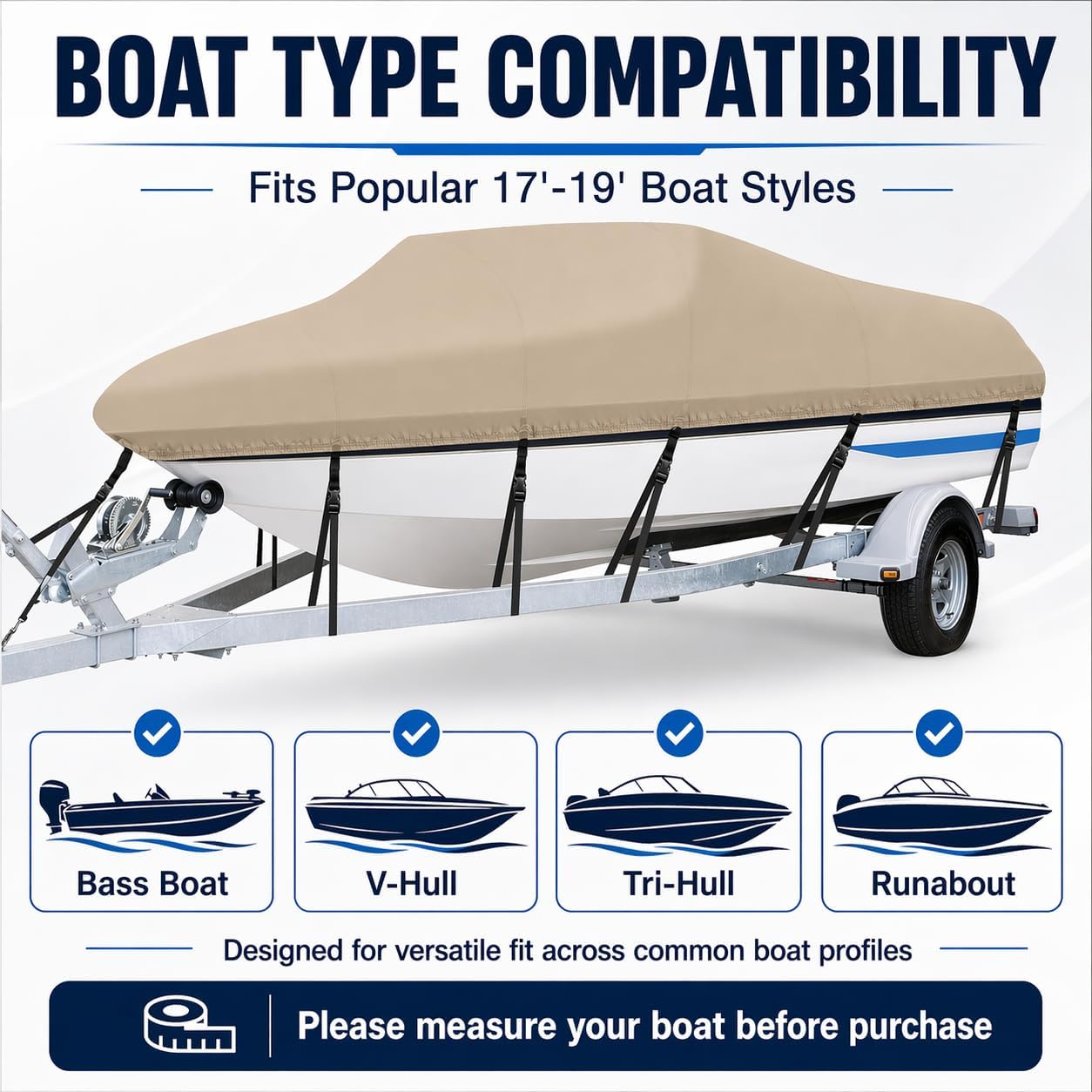 Boat Cover 17–19 ft (Beam up to 102″), Marine-Grade Water-Resistant Cover for Deep-V & Large Runabout Boats, Heavy-Duty UV Protection with Wind-Secure Tie-Downs for Trailer & Dock Storage - Beige