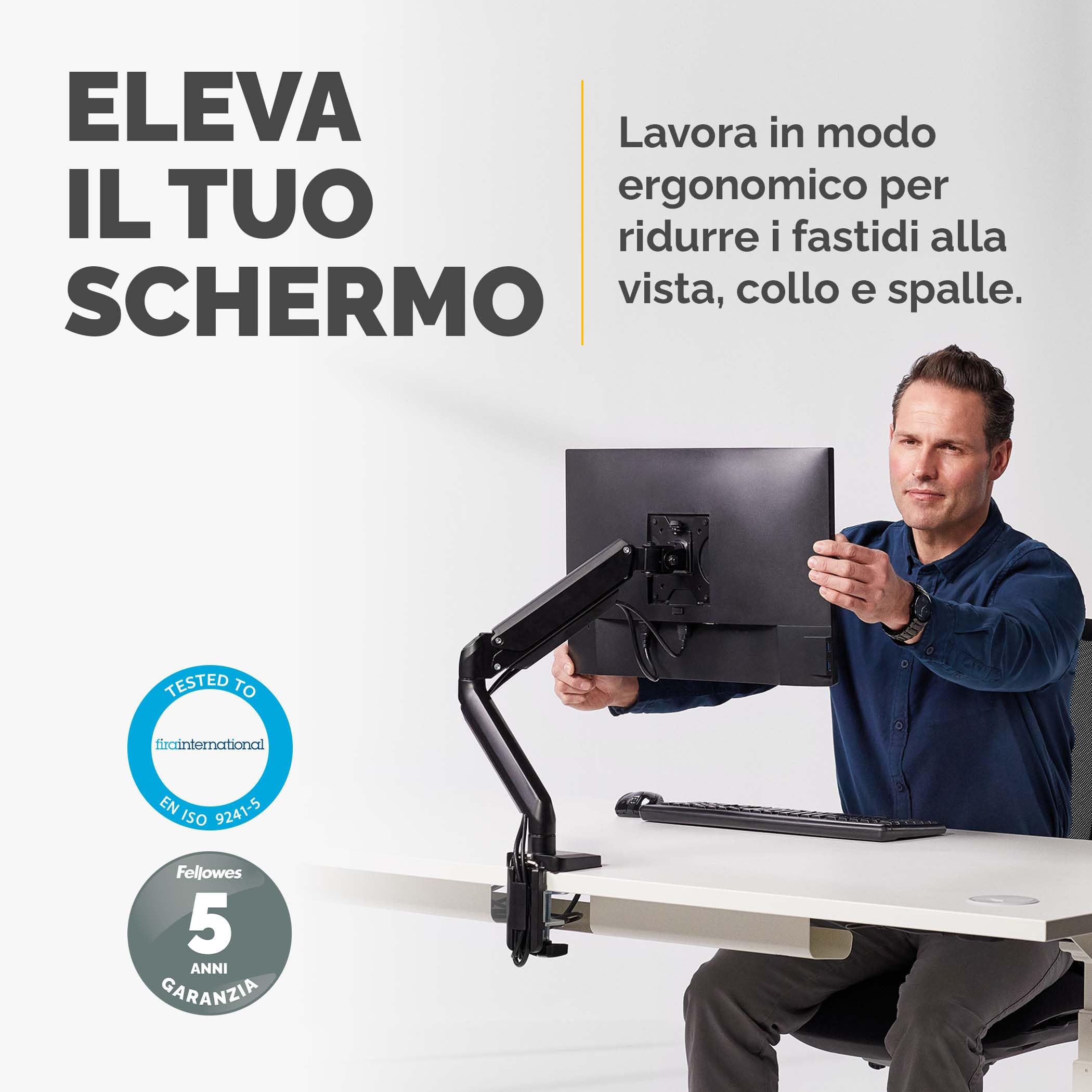 Fellowes Braccio monitor singolo Platinum Series, con molle a gas, con funzioni di oscillazione, inclinazione, rotazione, 2 porte USB, dimensioni massime monitor 30" (9 kg), Nero