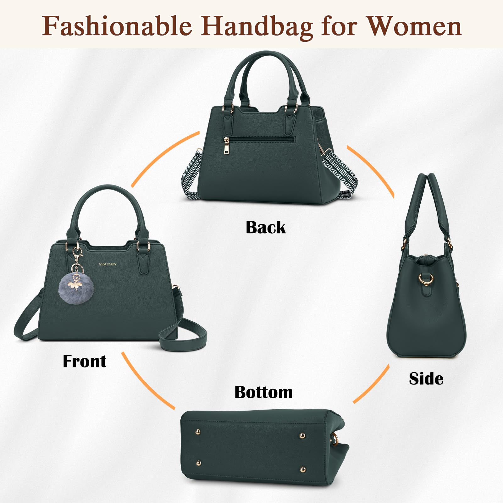 IGOLUMON Women's Top-Handle Handbags PU Vegan Leather Satchel Purses for Women Designer Tote Purse Handbag with Cute Pompom: Dark Green