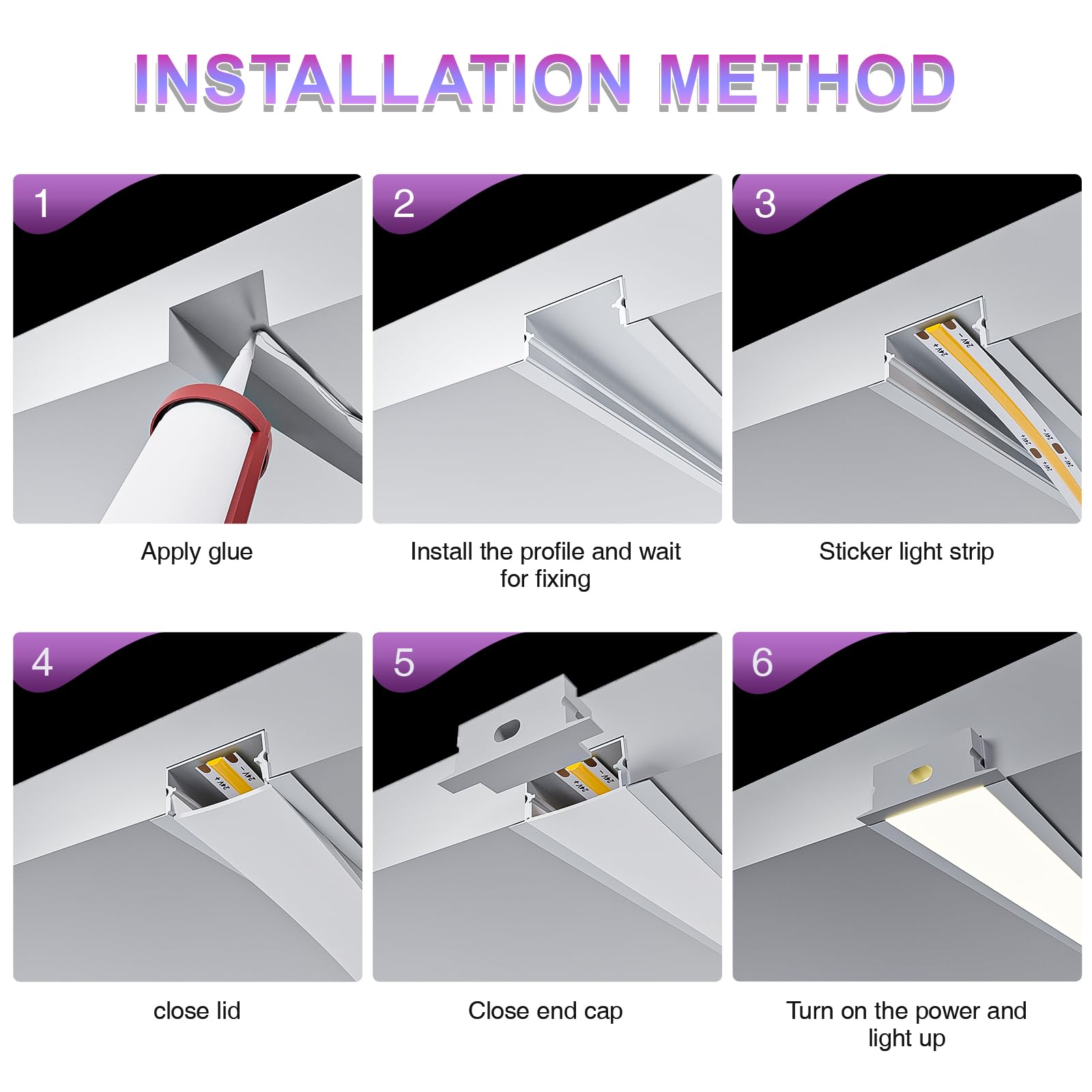 Canalina LED in alluminio 6x2m a U, con canalina per striscia LED e diffusori, per strisce fino a 12.4mm, 6 coperture opache, luce indiretta, ideale per profilo cartongesso. (6)