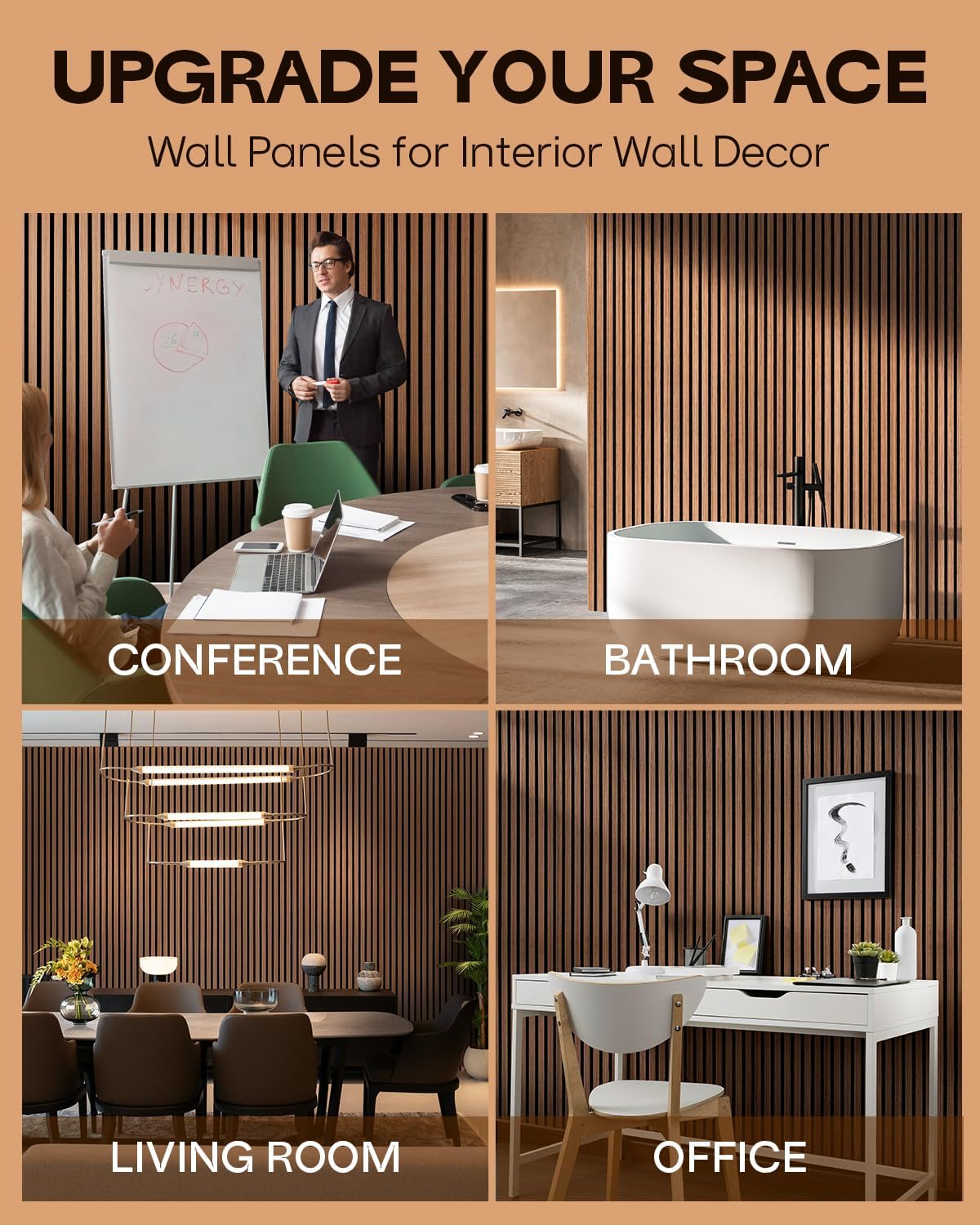 Wood Slat Acoustic Wall Panels – 2PC 47.24“x23.82” Sound Dampening Panels with Natural Wood Finish – 3D Fluted Decorative Interior Wall Panels for Home, Studio, Office (Walnut)