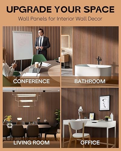 Miniatura 6 de Paneles acústicos de pared con listones de madera, 8 paneles de amortiguación de sonido de 23.62 x 11.22 pulgadas con acabado de madera natural,