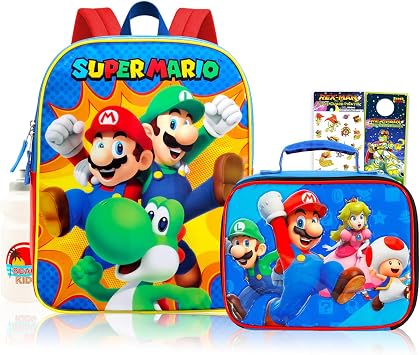 Super Mario Backpack and Lunch Box Set for Boys School Bundle + More | Insulated Lunch Bag & 16in Large Durable Mario Yoshi Bookbag Plus Water Bottle, Stickers, More - Super Mario School Supplies