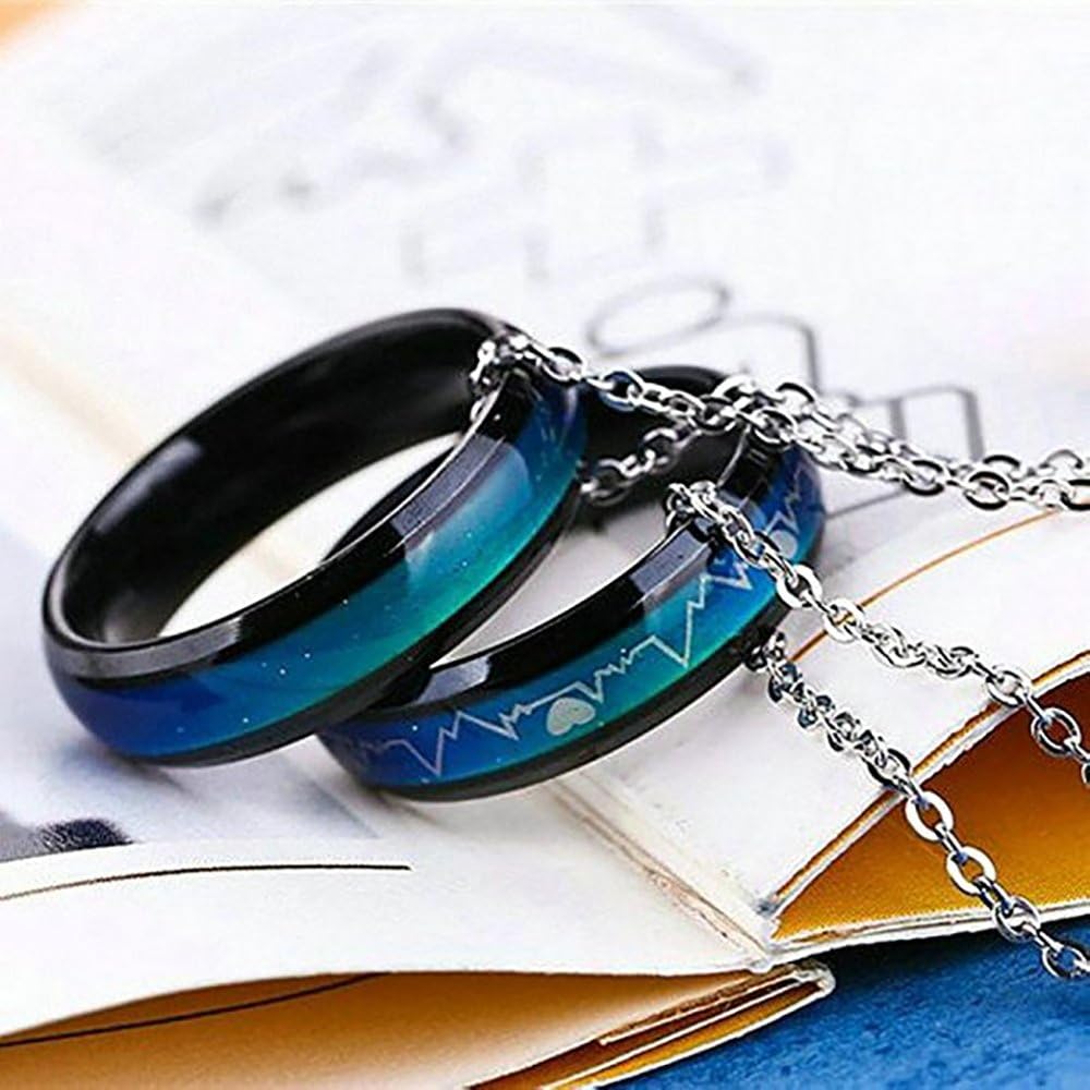 JEYKAY Color Changing Titanium/Stainless Steel Mood Ring, EKG w/Hearts Design, Gift Box Included.