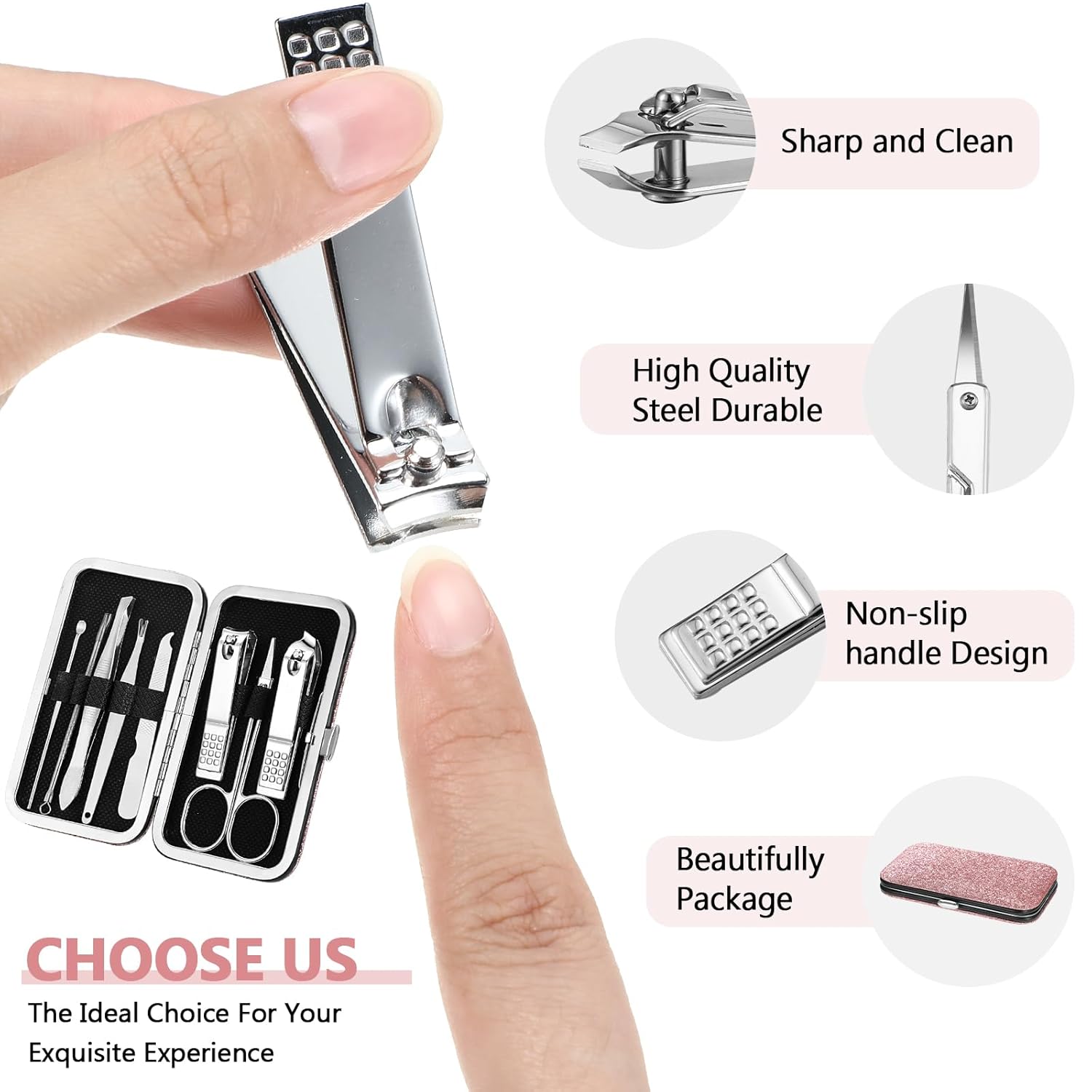 Geosar 12 Sets Manicure Set Nail Clippers Pedicure Kit 8 in 1 Grooming Stainless Steel Kits Nail Care Tools with Travel Case for Employee Coworker Teachers Nurse Gifts(Glitter Pink)