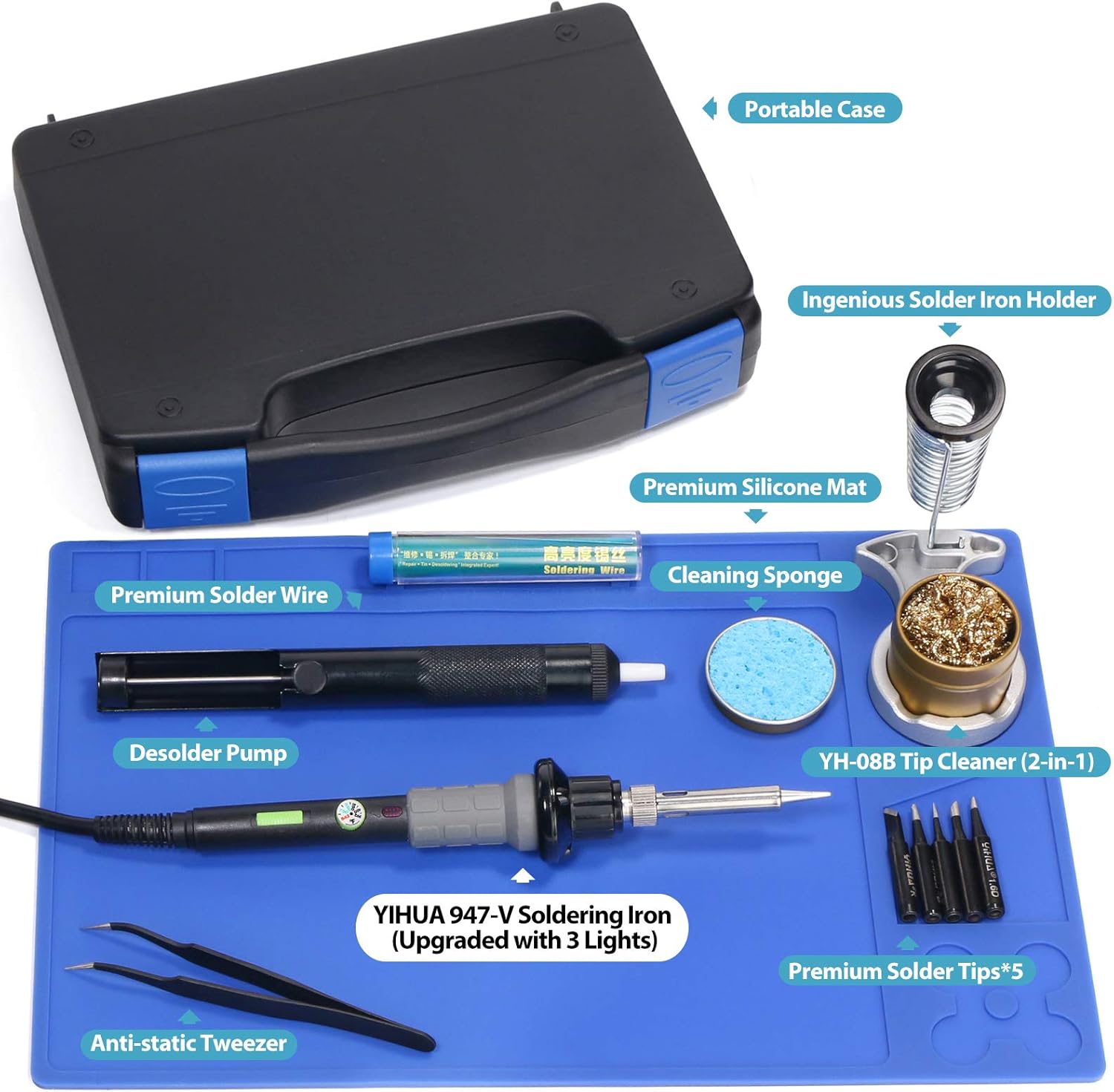 Bеѕt Cуbеr Dеаlѕ 🔥 YIHUA 947-V Soldering Iron Kit with 3 LED Lights, Temperature Control, 5 Premium Solder Tips, Desoldering Pump, Indicator & ON/OFF Switch-60 Watts Soldering Iron, Solder Wire, Tip Cleaner, and more.