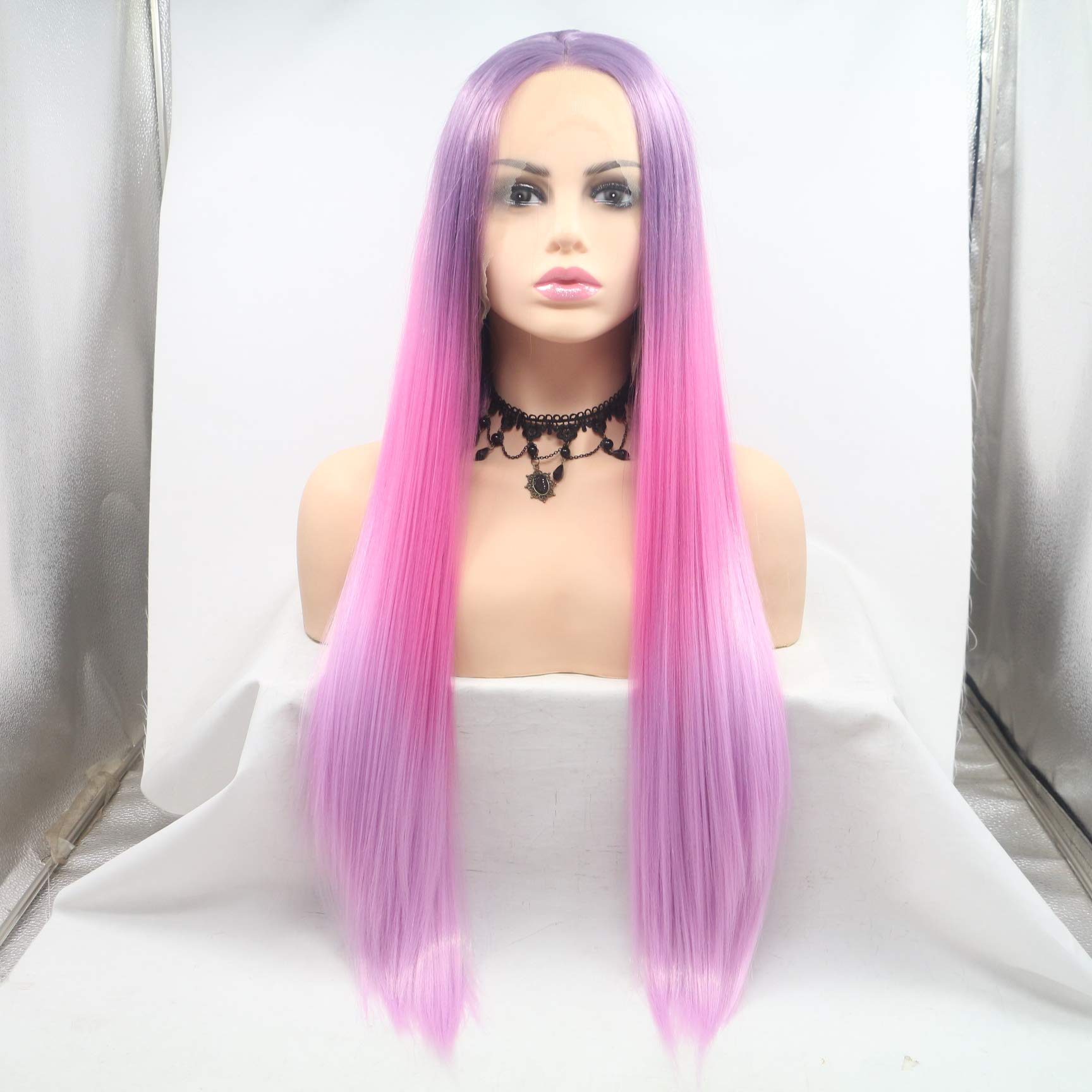 Sylvia 24" Ombre Purple to Pink 2 Tone Lace Front Wig Long Natural Straight Synthetic Wig Middle Parting Glueless Half Hand Tied Wig 180% Density Heat Resistant Fiber Hair Replacement for Woman