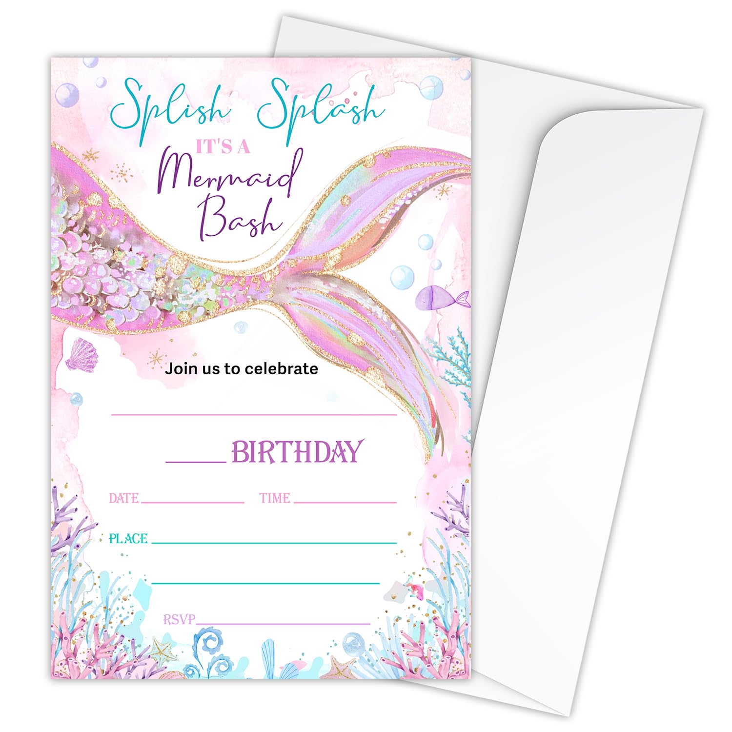 Zodvery Mermaid Birthday Party Invitations Cards - Ocean Theme Mermaid Bash Party Invites for Girls Boy - Kids Fill in the Blank Invites Favors