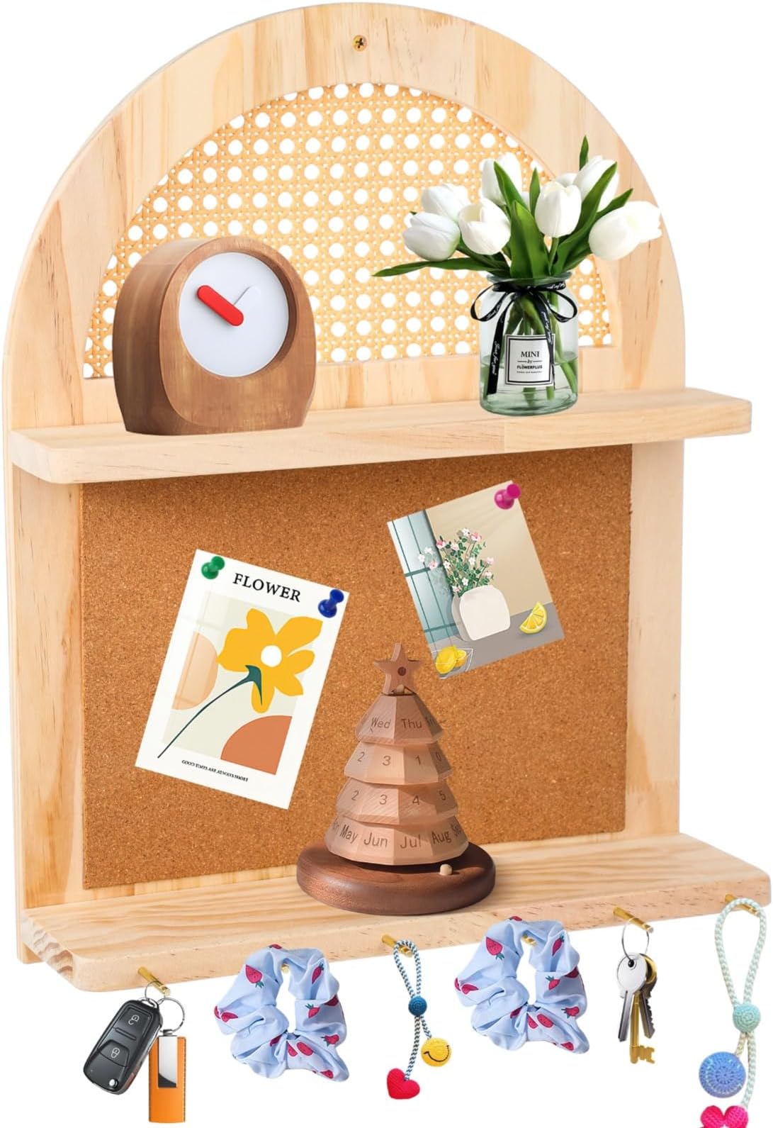 Boho Rattan Wall Shelf, 2-Tier Floating Rack with Pin Board, Rustic Farmhouse Design with Hooks, Wicker Storage Shelf