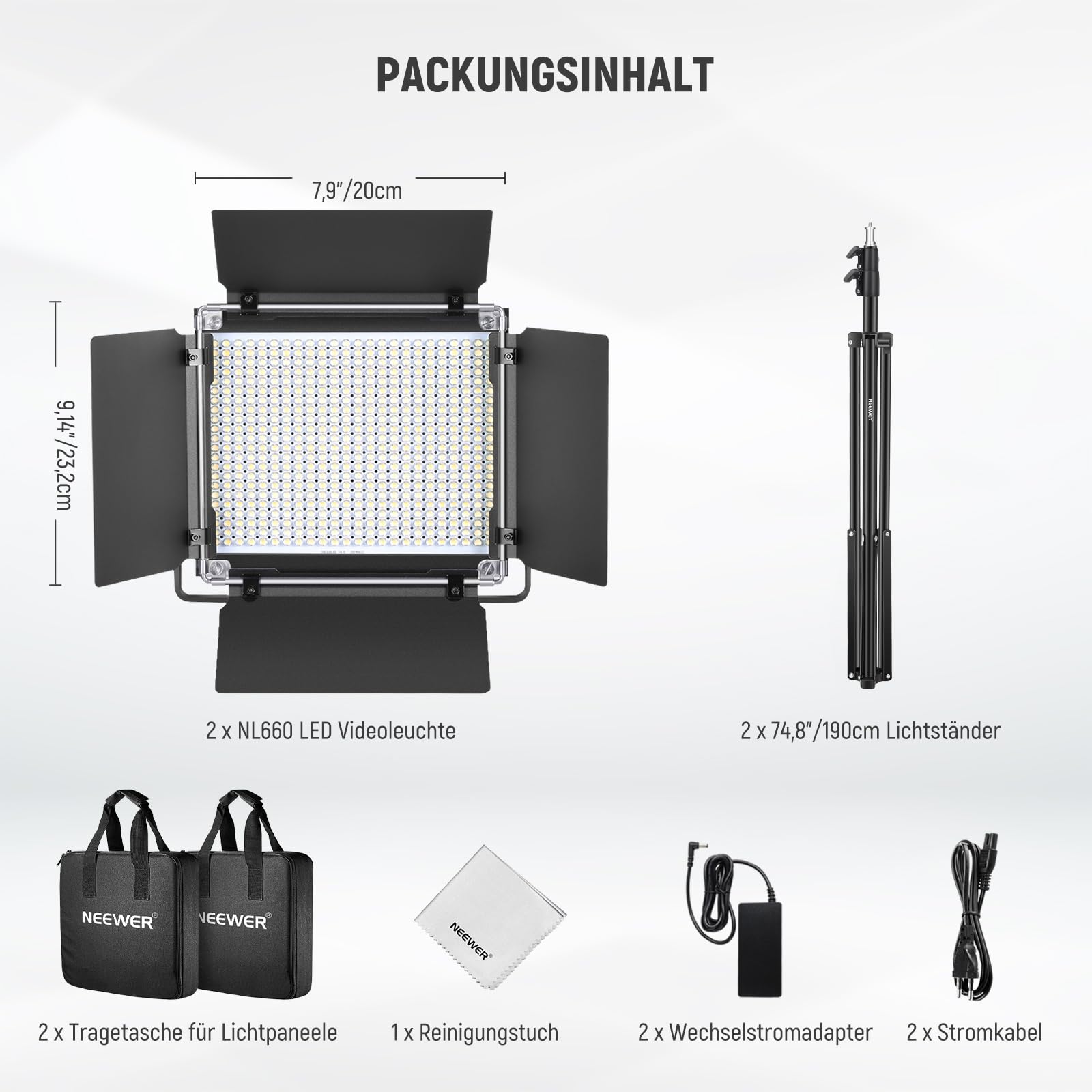 NEEWER 2 STK. Bi Farbe 660 LED Videolicht Set mit Zwei 79" Stativständer, 3200K-5600K CRI 96+ Dimmbare Panel Videoleuchte mit U Bügel und Barndoor für Studio Fotografie Aufnahme Streaming, Schwarz