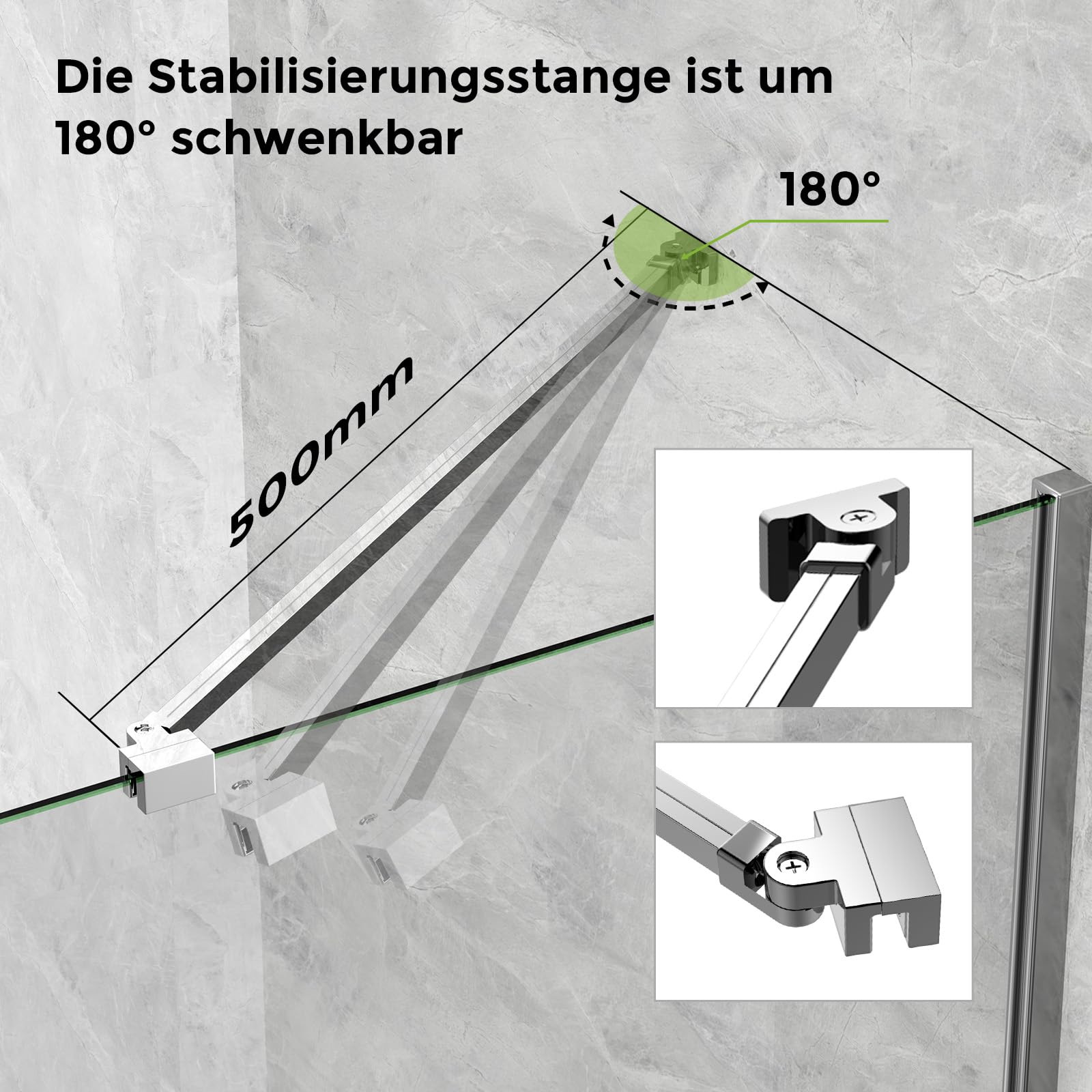 S'AFIELINA Barre de stabilisation pour cabine de douche en aluminium, stabilisateur pour verre de douche 5-6 mm d'épaisseur, support mural longueur réglable 500 mm (1 pièce)