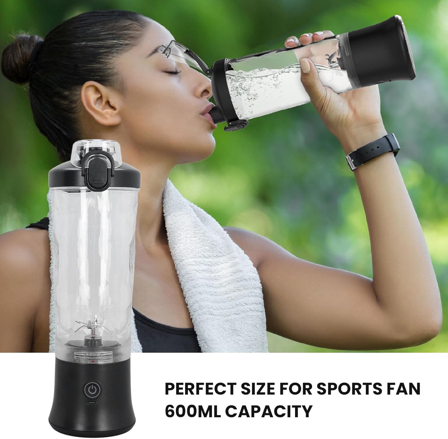 Portable Blender 600ml Cup, 18000RPM Speed USB Rechargeable Mini Juicer Cup Electric Fruit Mixer for Travel, Black, Stainless Steel Blades