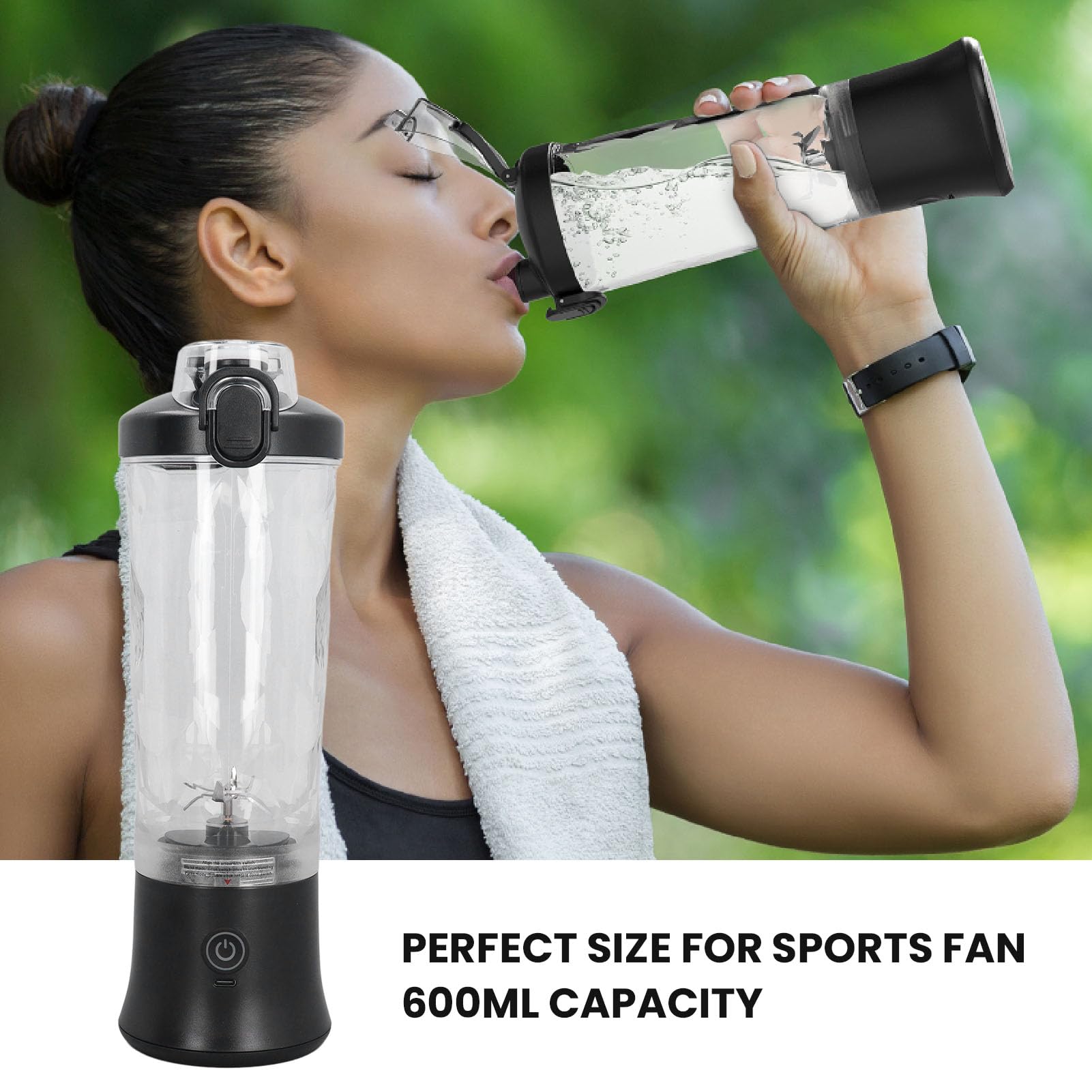 Mixerflasche 600ml, 150W 18000 U/Min USB Wiederaufladbar Mini-Juicer Tasse, Elektrischer Fruchtsaftmixer, Tragbarer Reisemixer mit Edelstahlblättern, Schwarz