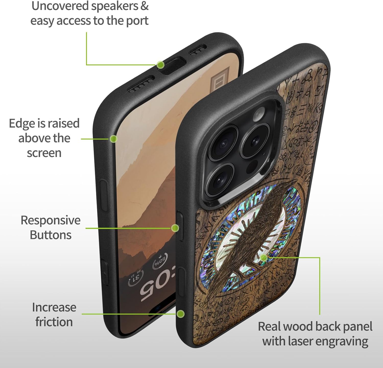Carveit Magnetic Case for iPhone 16 Pro Case, Wood Artisan Engraved & Handmade Shell Inlaid, TPU Shockproof Cover, Compatible with MagSafe Wireless Chargers (Haloed Crow) Walnut