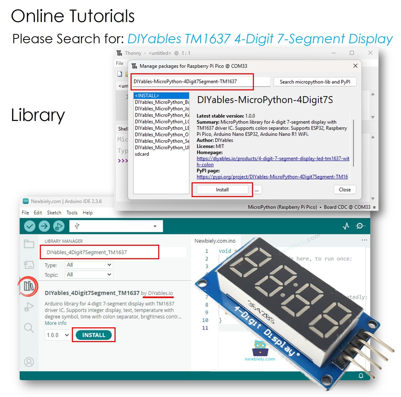 Amazon.co.jp: DIYables 4桁 7セグメントディスプレイ LED TM1637