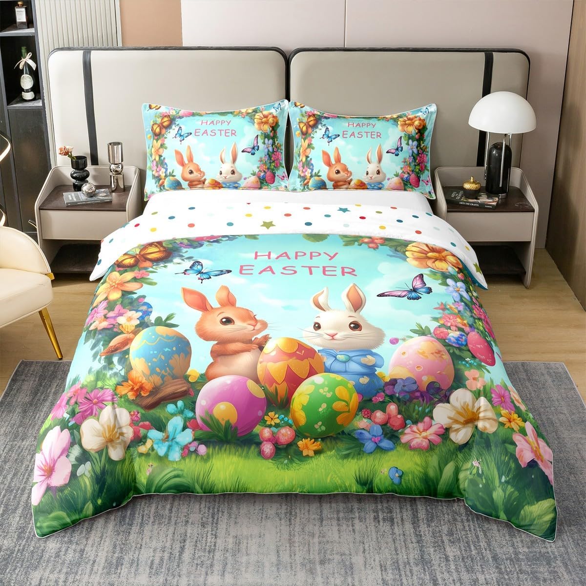Gray Rabbit 100% Cotton Duvet Cover King Size Watercolor Pink Tulip Retro Flowers Bedding Set for Kids Teens Adults Patchwork Black White Plaid Rustic Style Comforter Cover,2 Pillowcases(No Comforter)