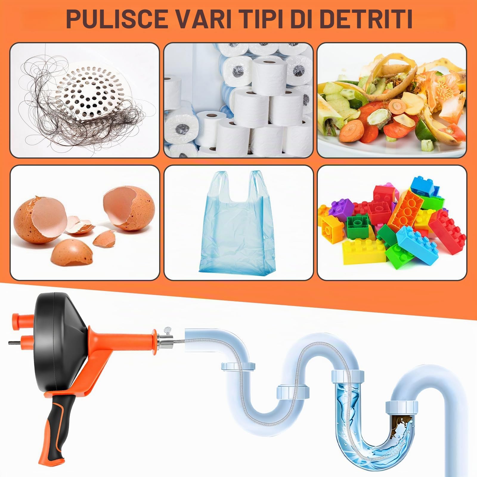 Sonda Sturatubi 10 m, Molla Sturatubi Professionale per Stura Lavandini e Scarichi, Elettrico & Manuale Stura Tubi di Scarico con Attacco per Trapano, per Cucina, Bagno, WC