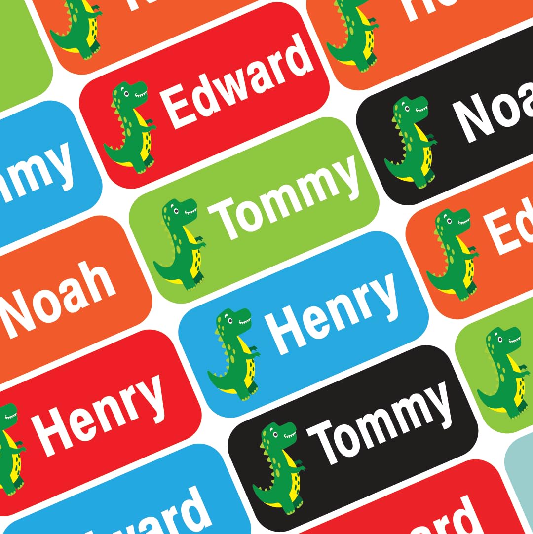 Personalisierte, wasserdichte Namensetiketten, drücken und aufkleben, individuelle Namen, zum Aufkleben auf Kleidung, bis zu 3 Zeilen, ideal für Camp und Kindertagesstätte (Dinosaurier)