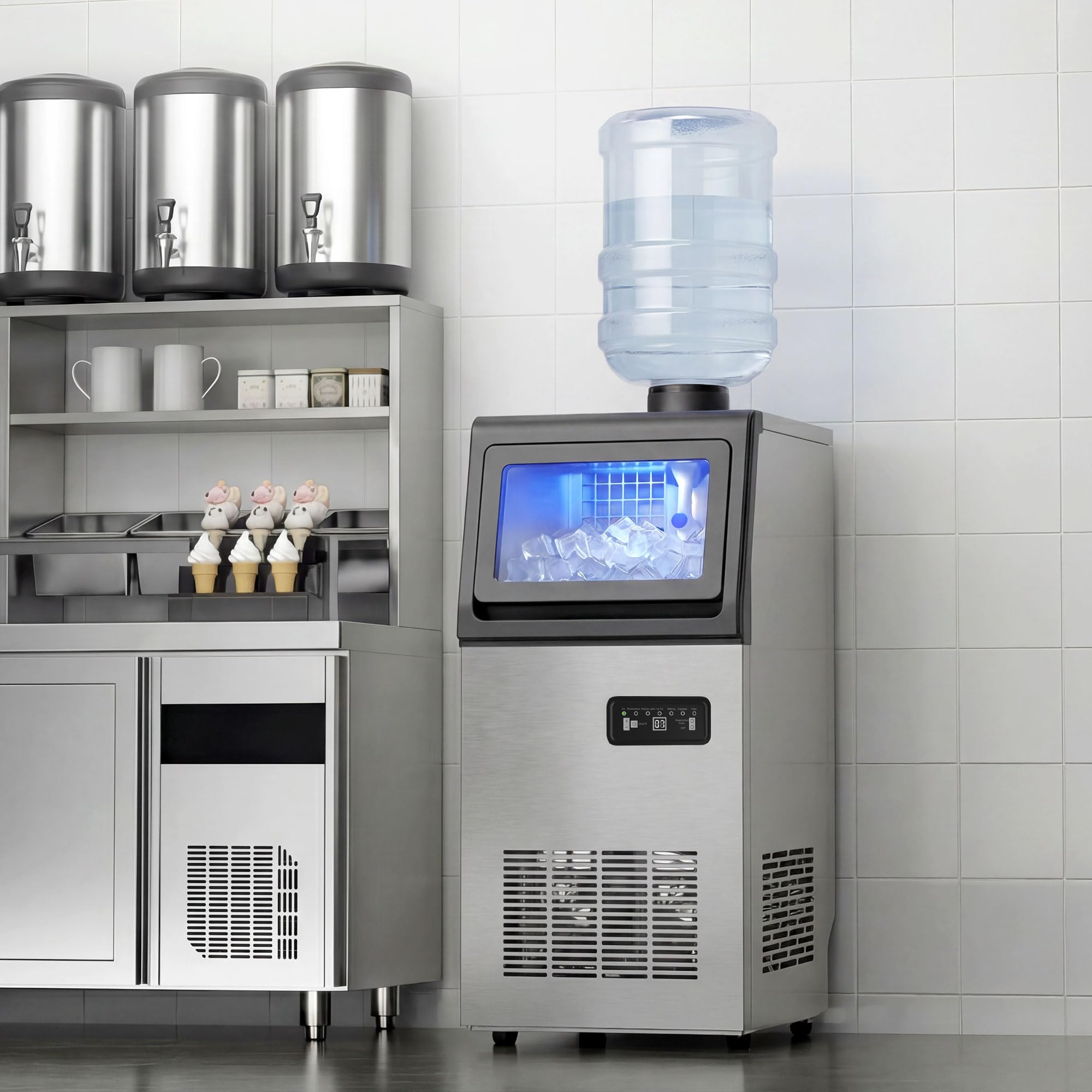 HOMCOM Machine à Glaçons Commerciale 36 kg/24H, Ice Maker Professionnel en inox, 36 Cubes toutes les 10 Minutes, Fonction Nettoyage Automatique, Minuterie, Encastrable ou Pose Libre, Argenté