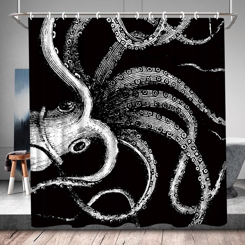 Octopus Tentacles Shower Curtain Nautical Kraken Monster Marine Life Abstract Black and White Polyester Fabric Bathroom Decor Set with Hooks 84Wx70H Inch